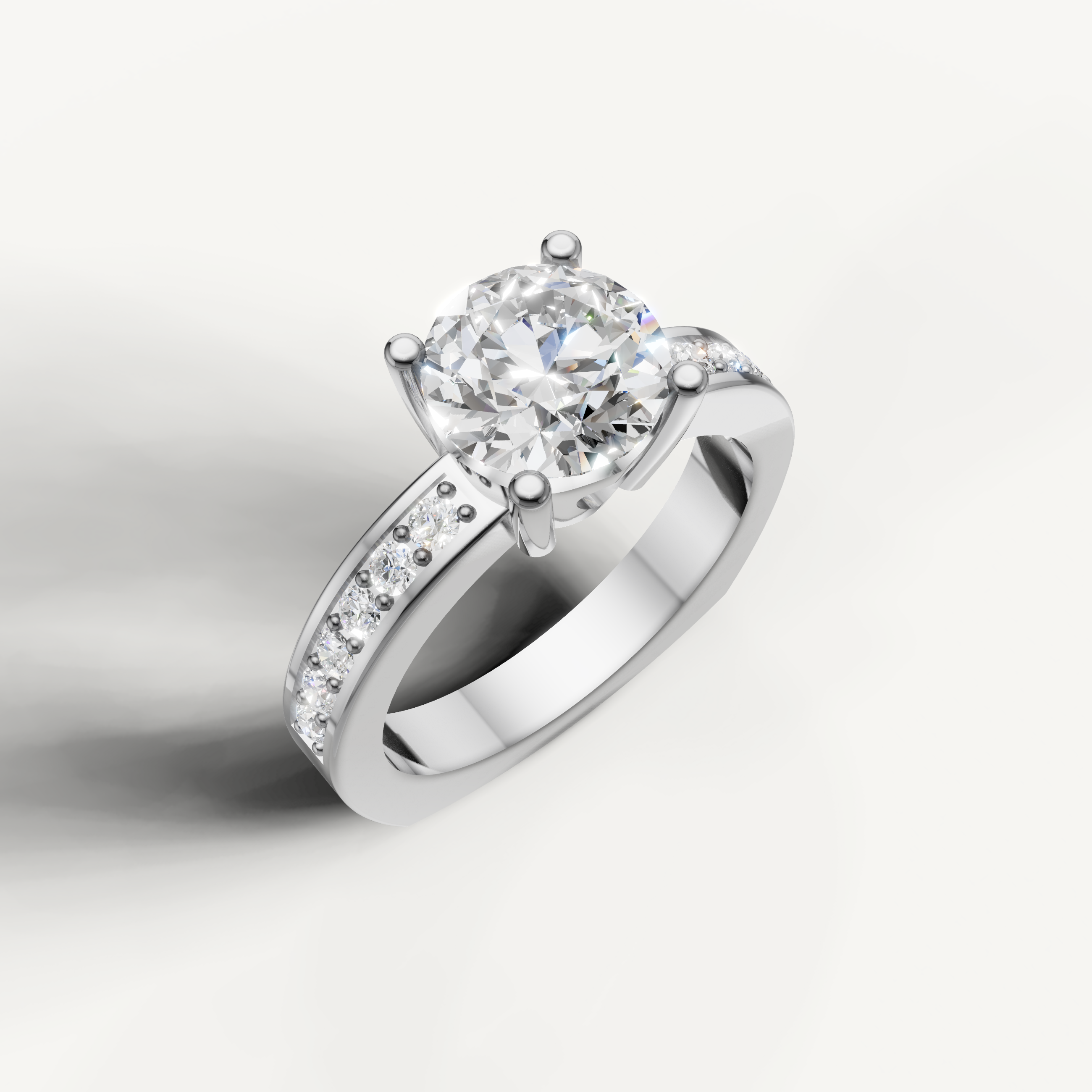 White gold round brilliant solitaire ring with elegant diamond band