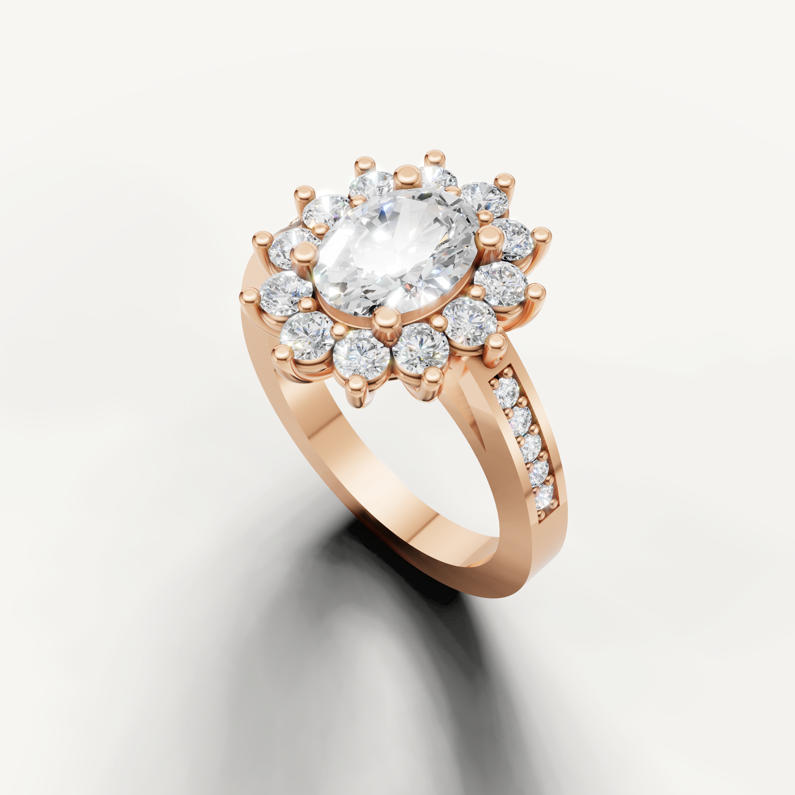Rose gold oval cut engagement ring with floral diamond halo