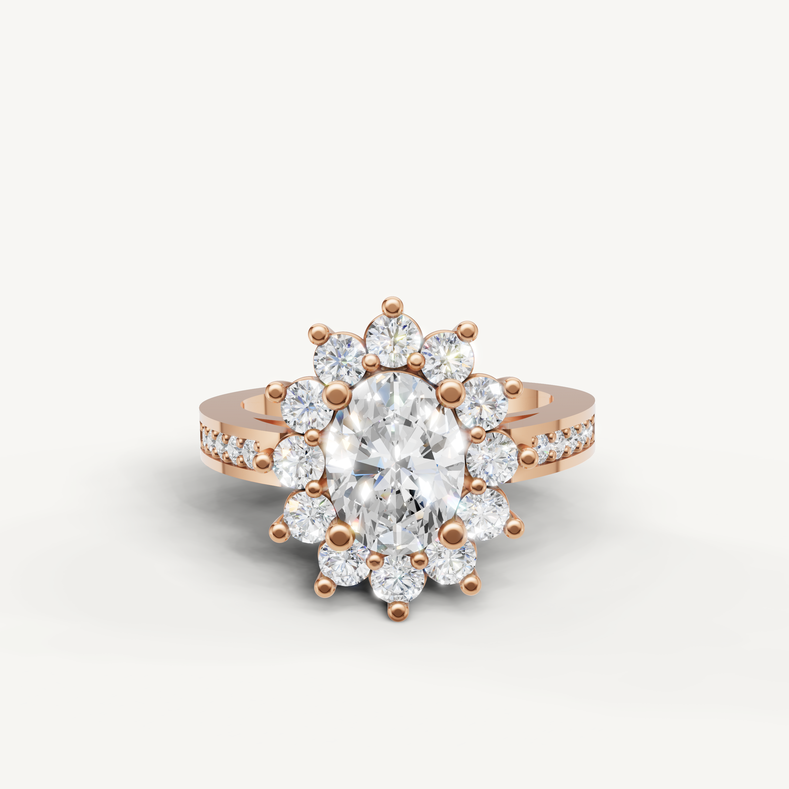 Raul Diamonds rose gold oval diamond halo engagement ring with side stones