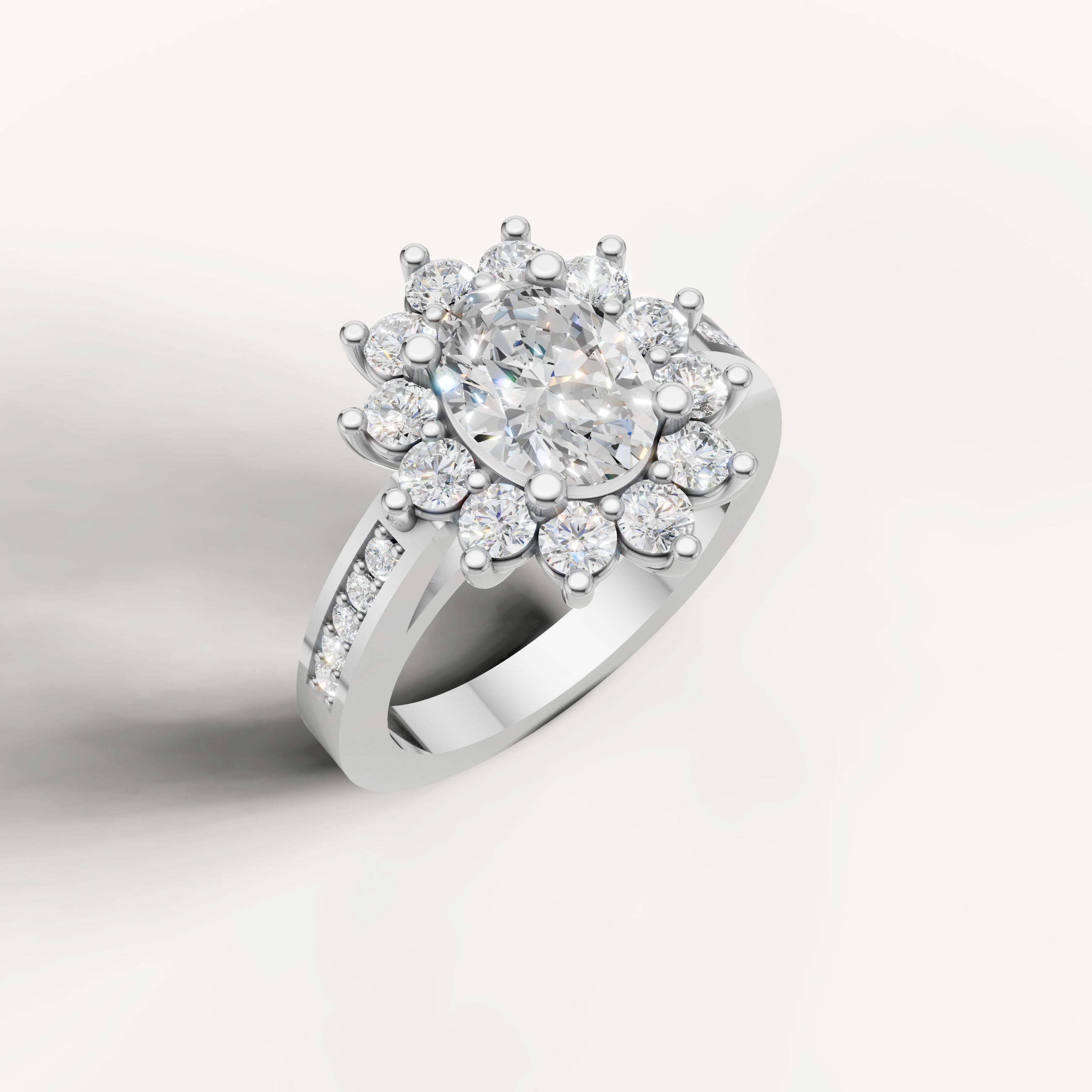 White gold oval cut halo ring with sparkling diamonds by Raul Diamonds
