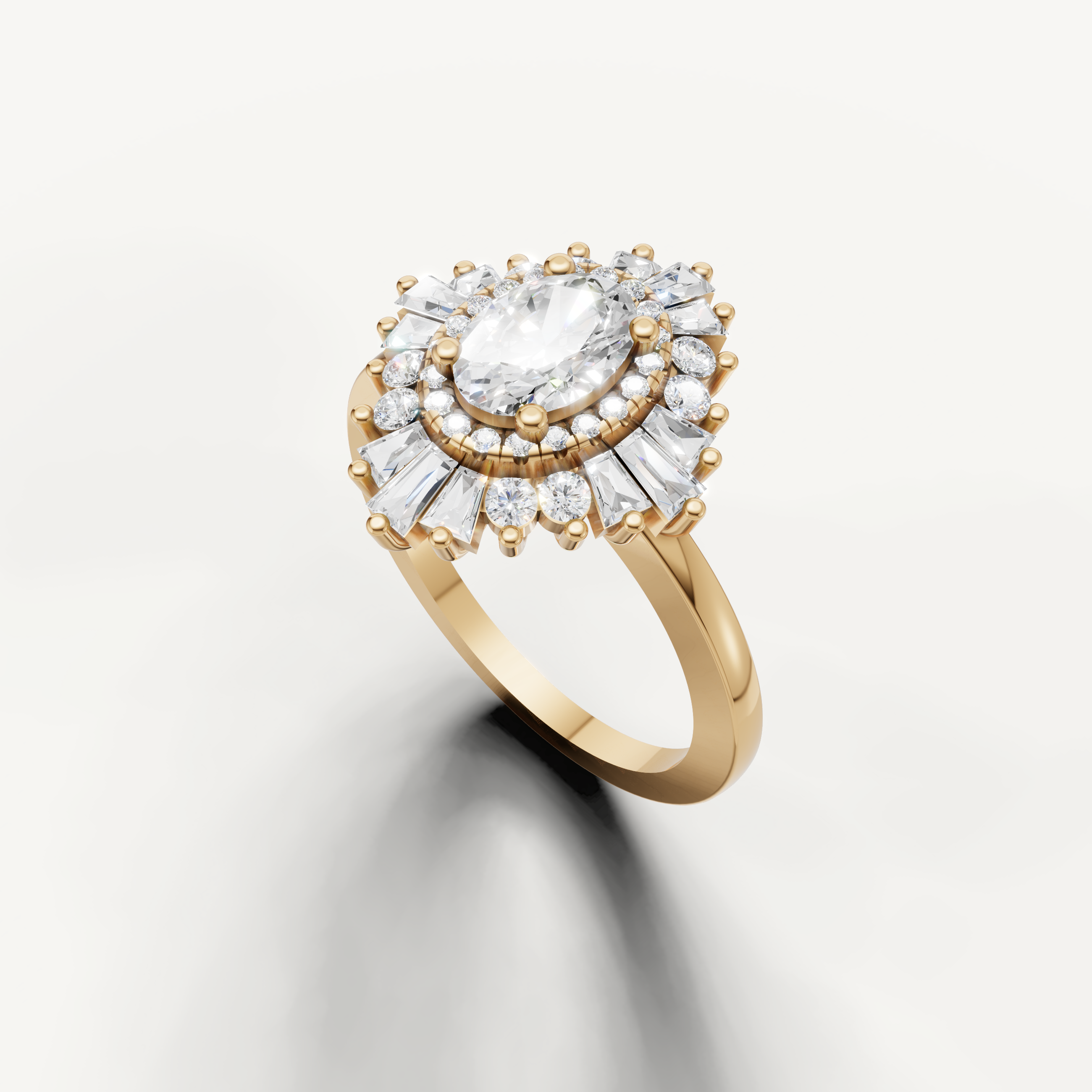Luxury yellow gold oval engagement ring with floral halo and baguette diamonds