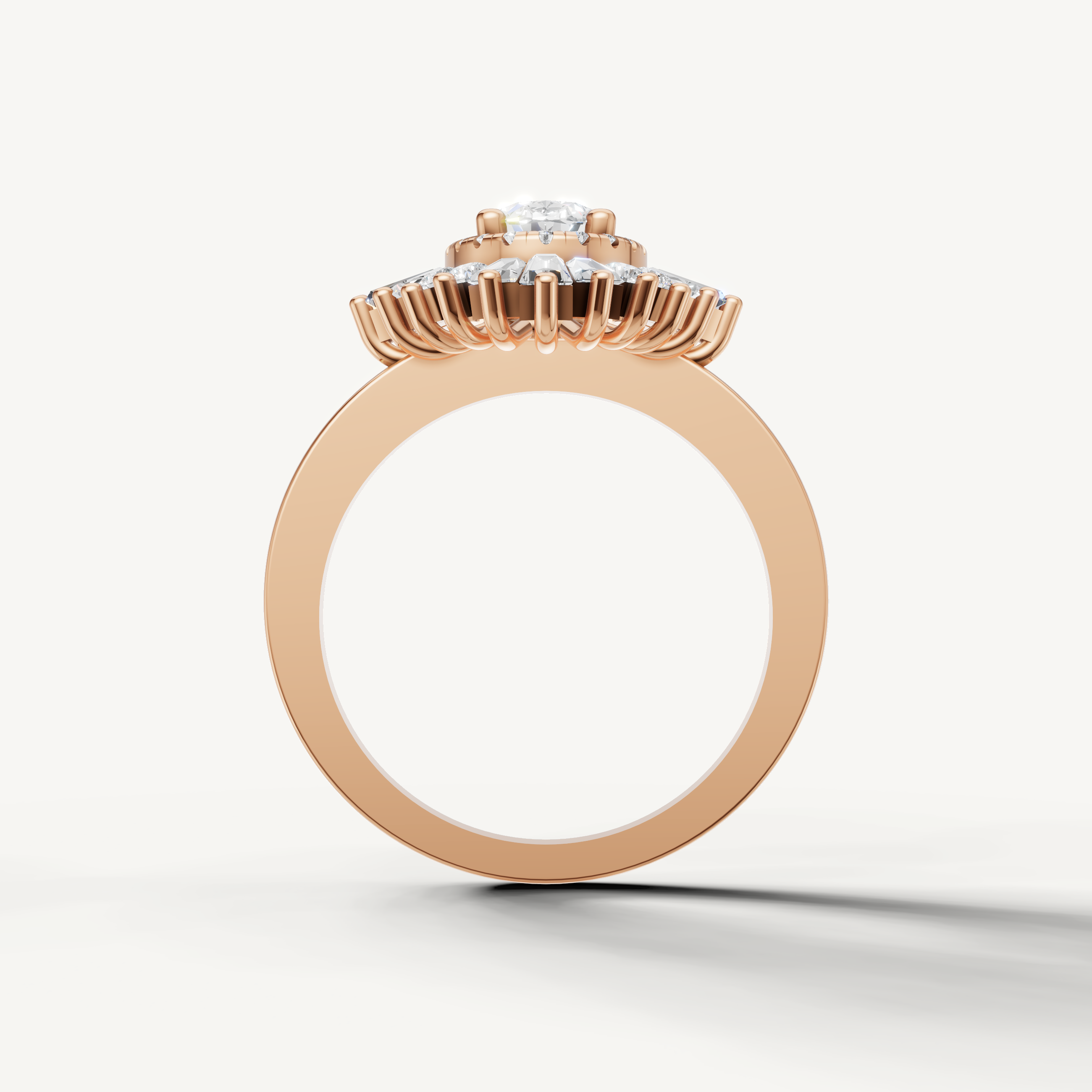Rose gold oval halo engagement ring with baguette and round diamonds