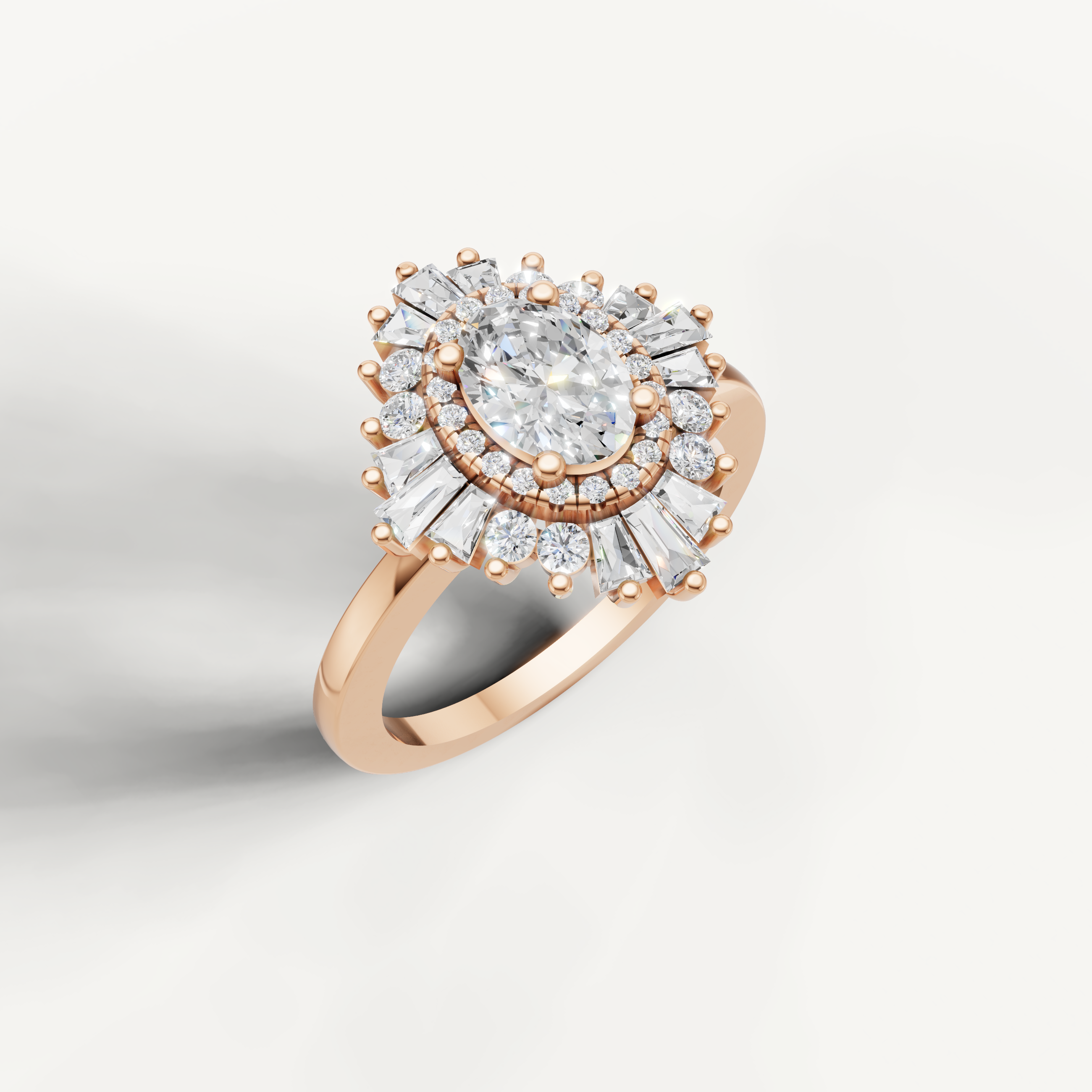 Rose gold oval engagement ring with sparkling halo diamonds
