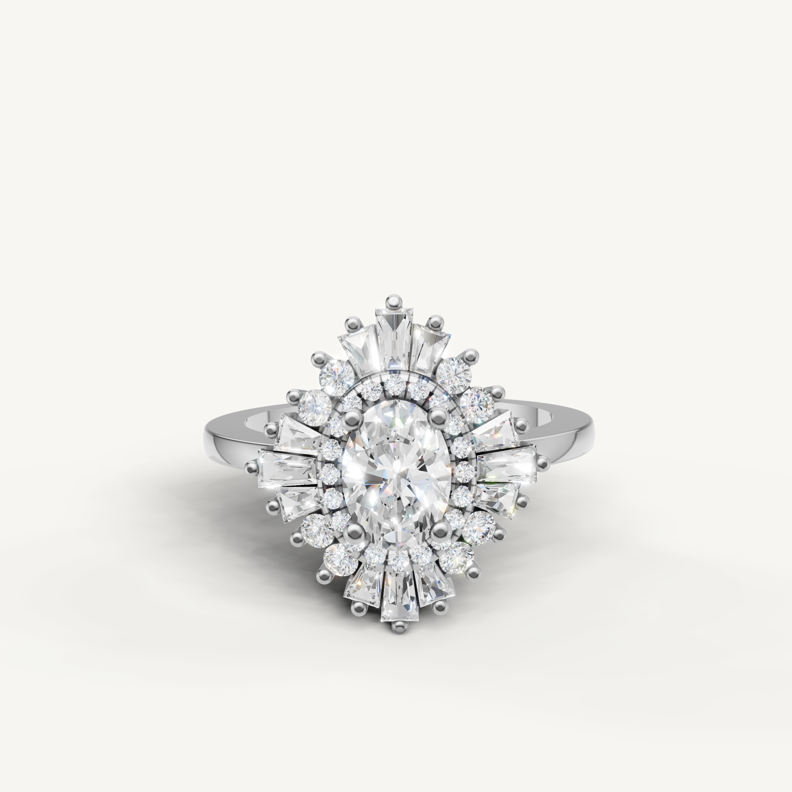 Raul Diamonds white gold oval diamond halo engagement ring with baguette accents