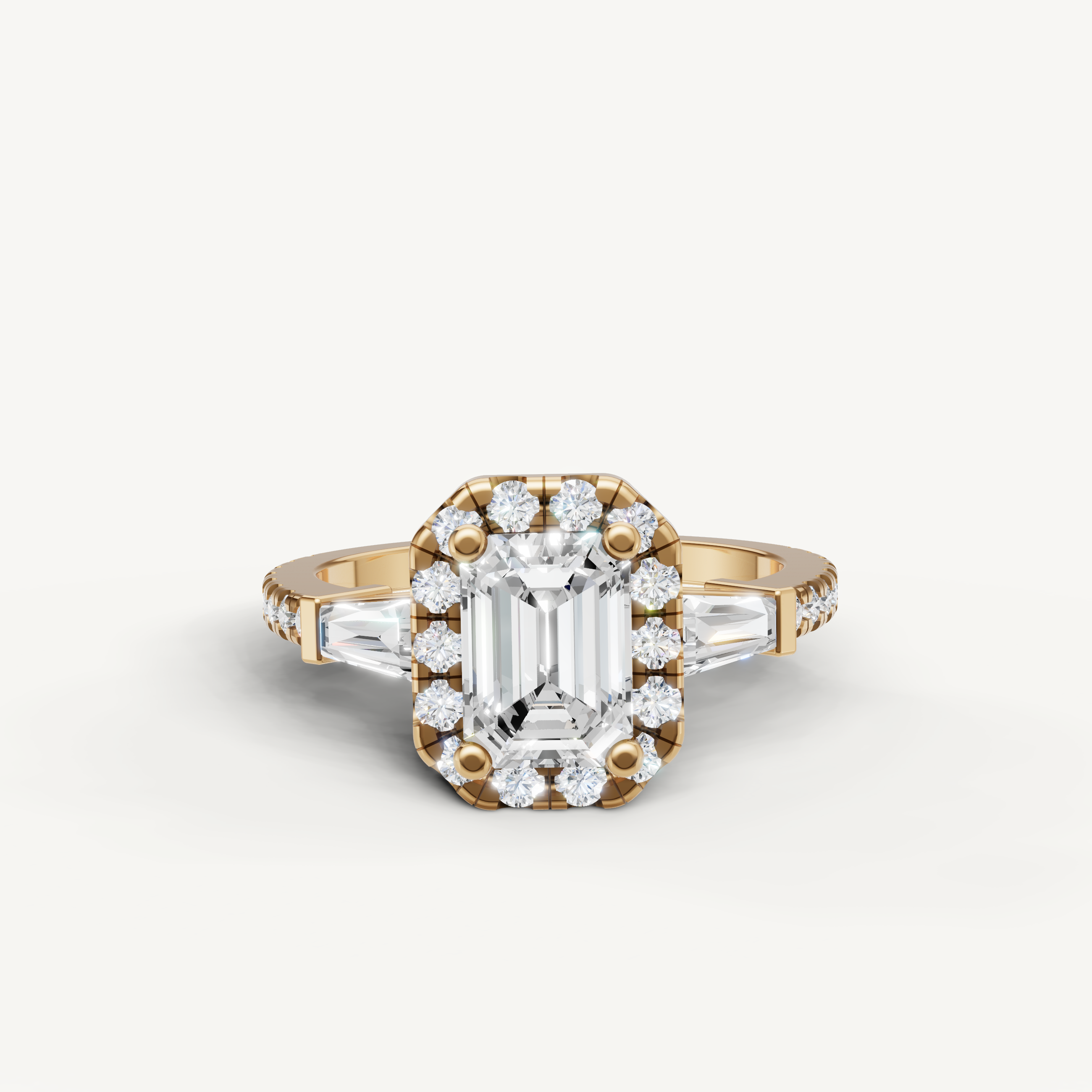 Raul Diamonds Emerald Cut Halo Engagement Ring in Yellow Gold