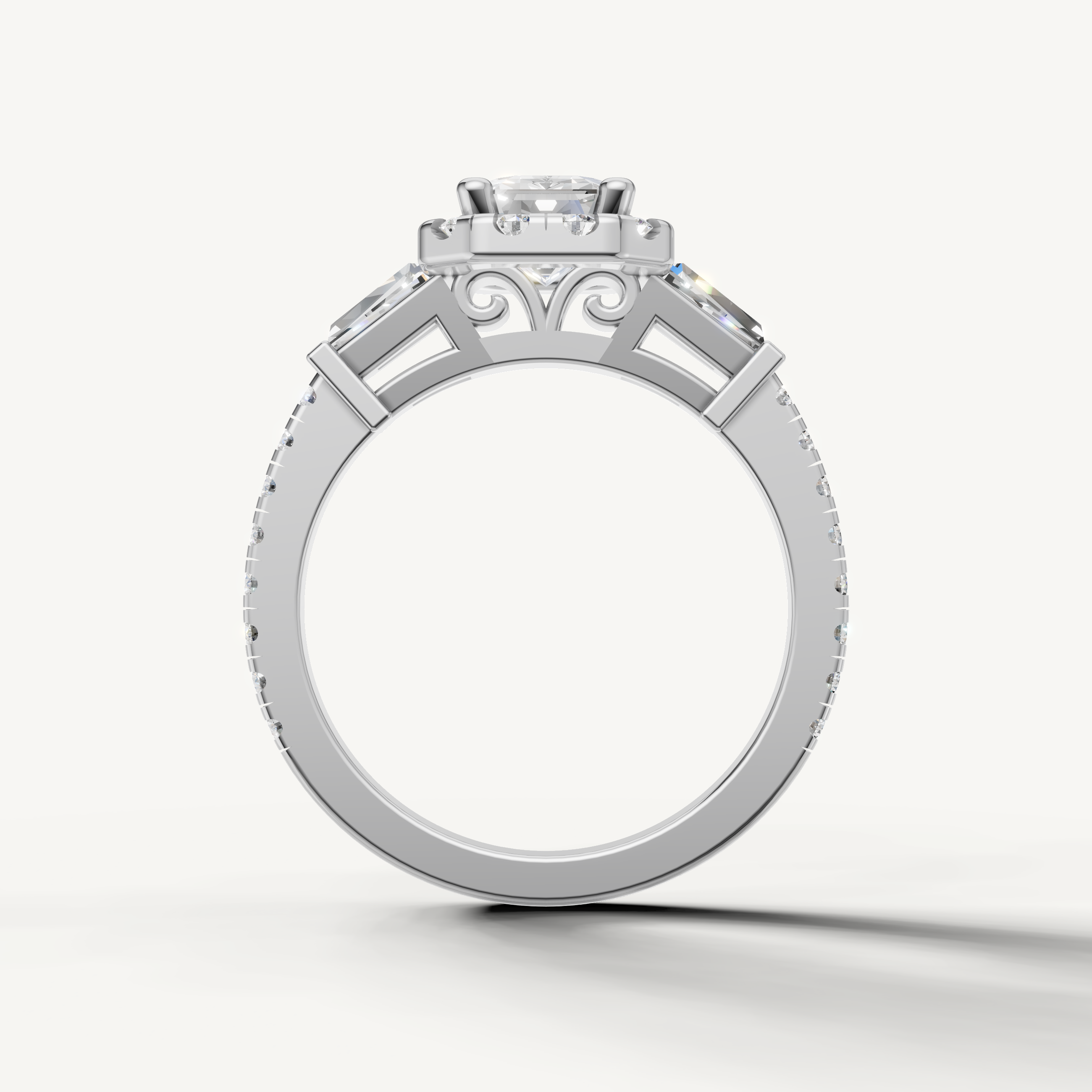 Emerald Halo Diamond Ring in White Gold with Side Stones