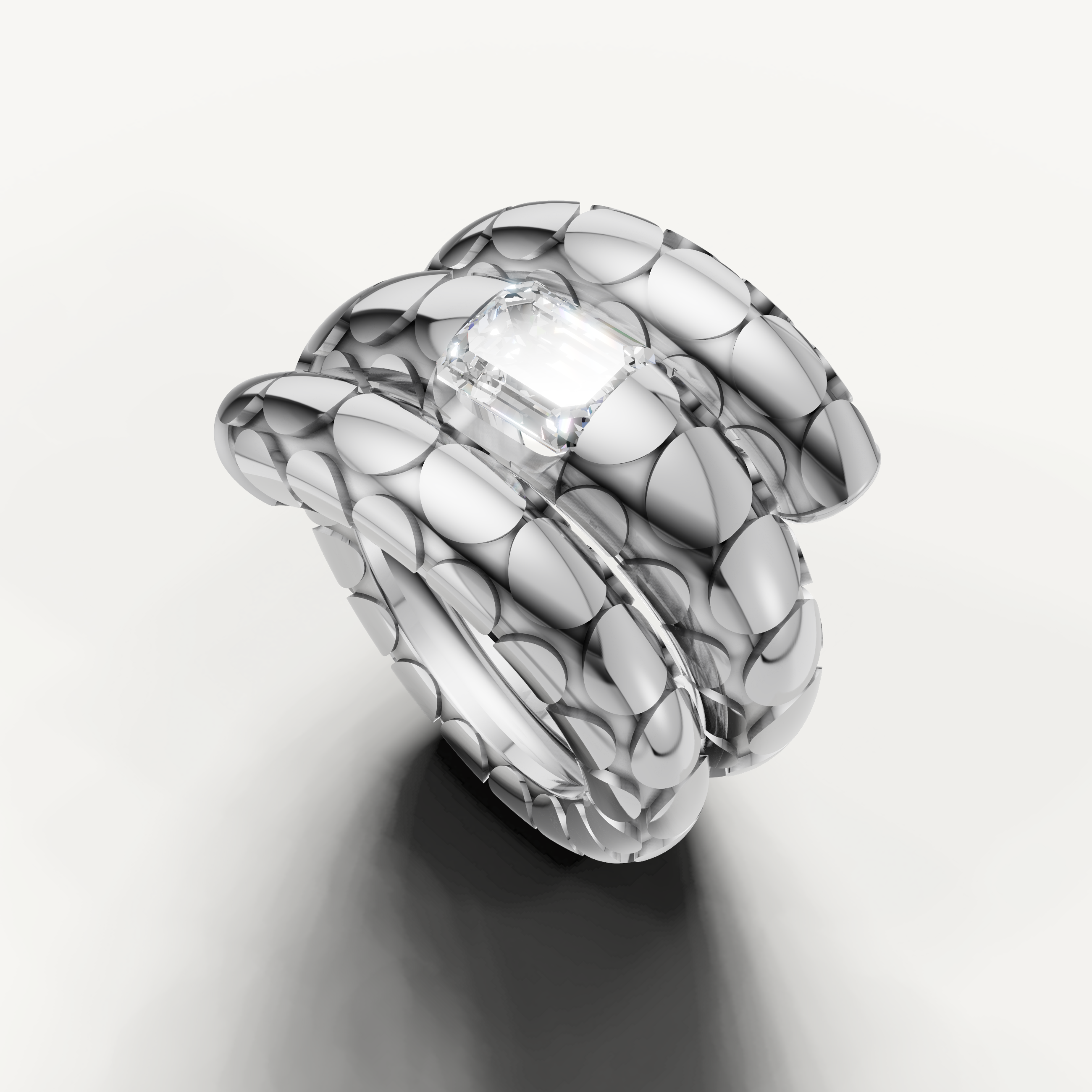 White Gold Emerald Cut Diamond Spiral Ring by Raul Diamonds