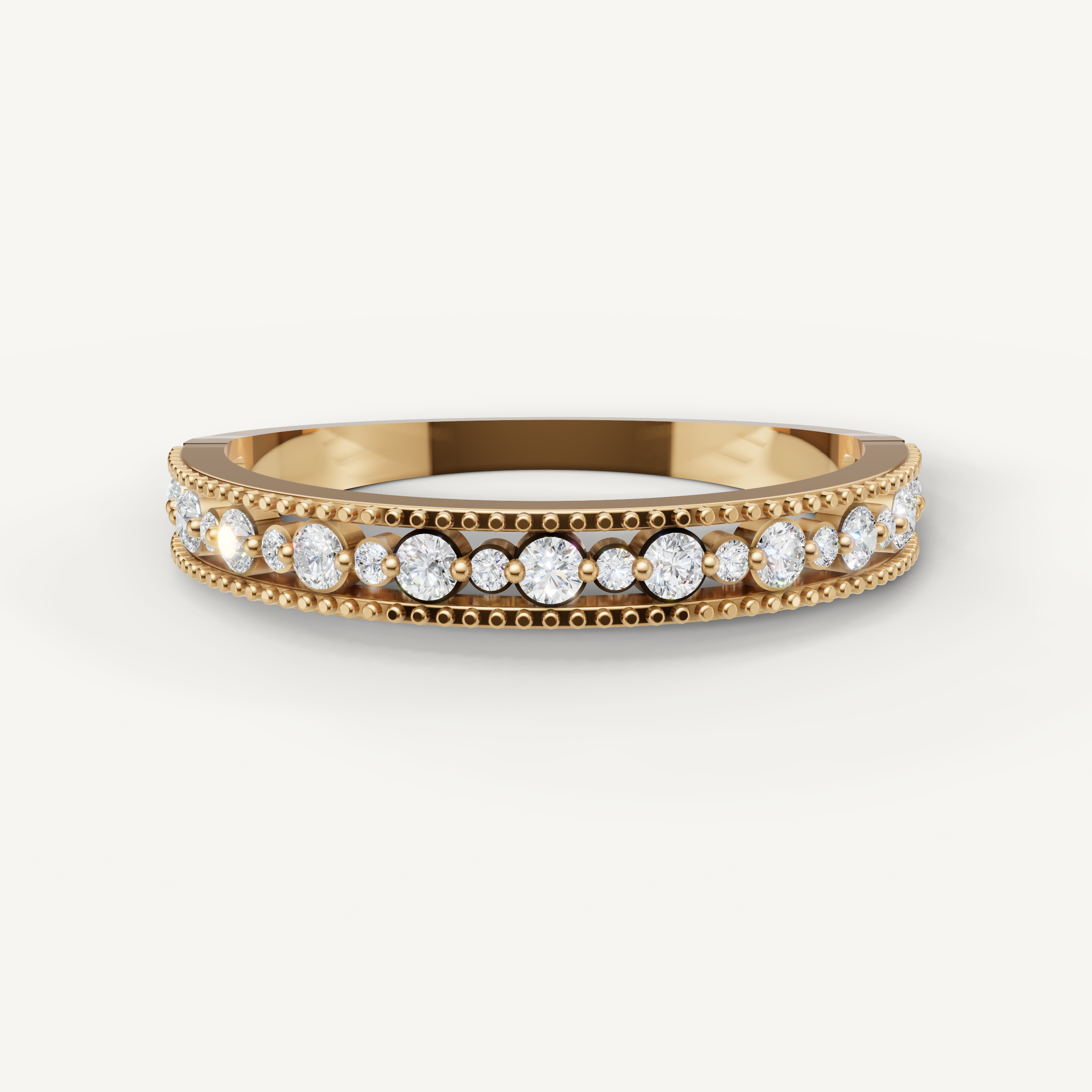 Raul Diamonds yellow gold vintage diamond wedding band with round brilliant diamonds and milgrain detailing