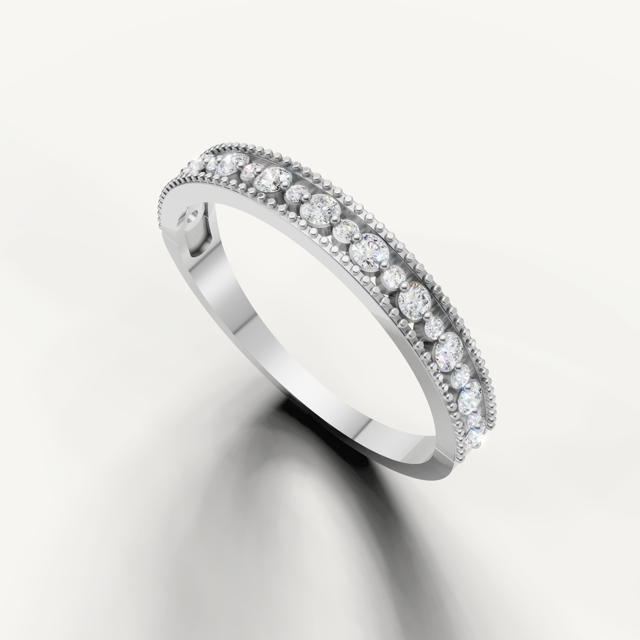 White gold anniversary wedding band featuring classic round cut diamonds and vintage detailing