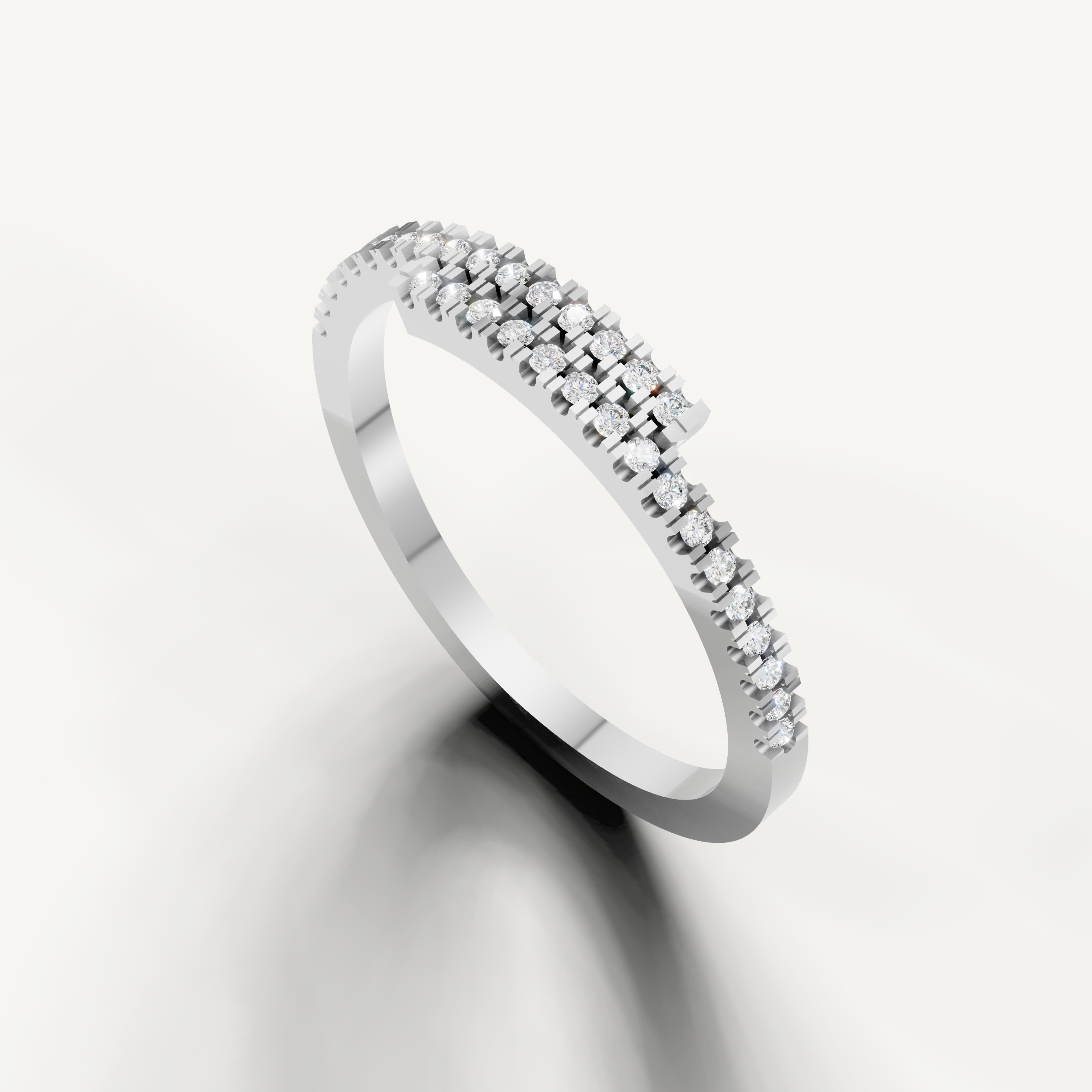 White gold criss cross diamond wedding ring with layered sparkle design by Raul Diamonds