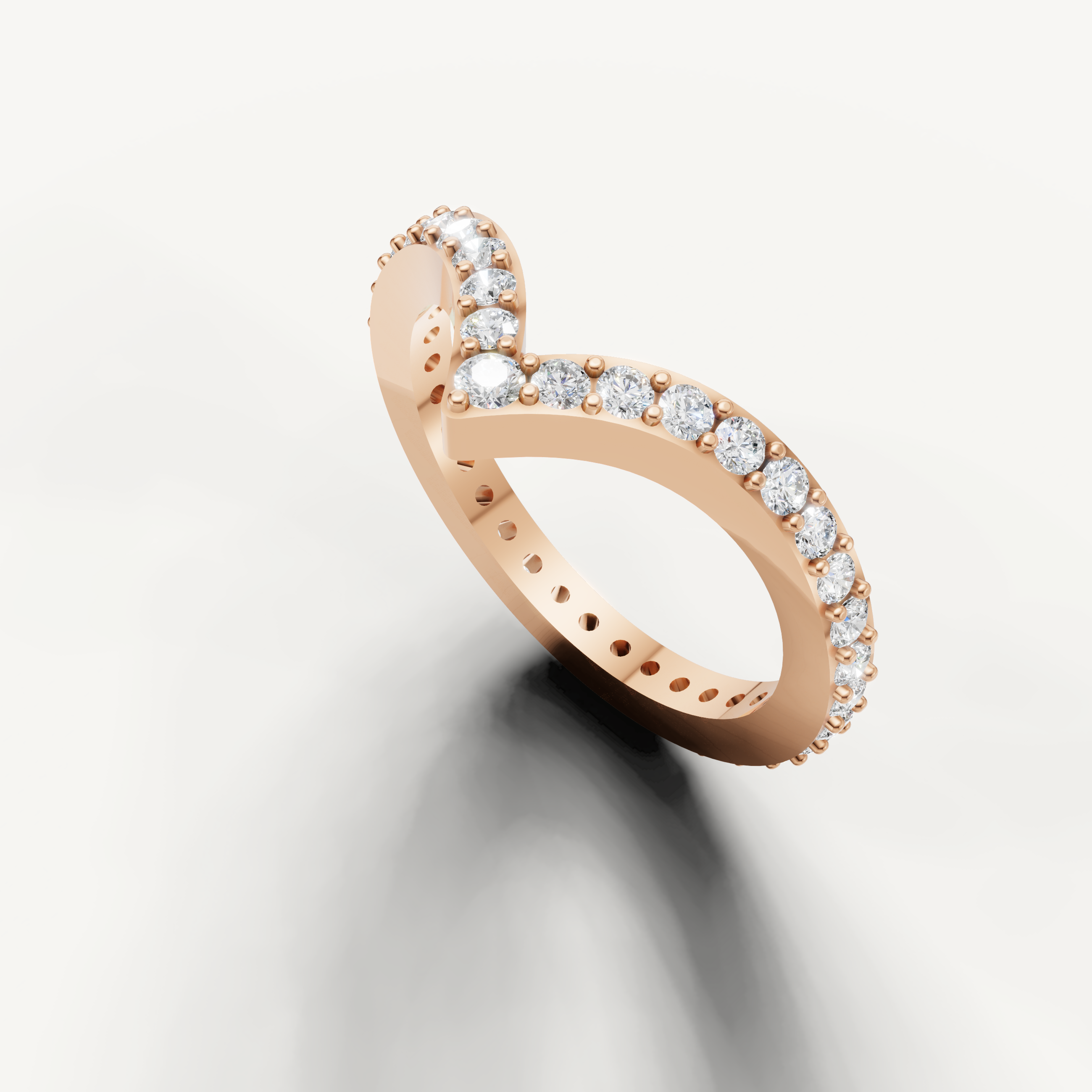 Rose gold curved diamond wedding band with crown design and round brilliant diamonds