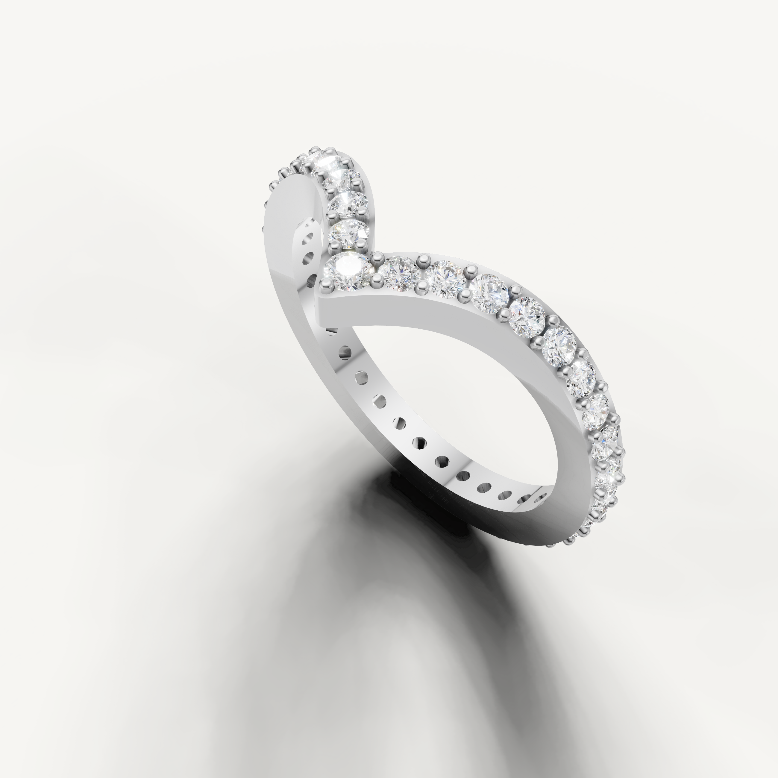 White gold curved crown style diamond wedding band with sparkling pavé diamonds