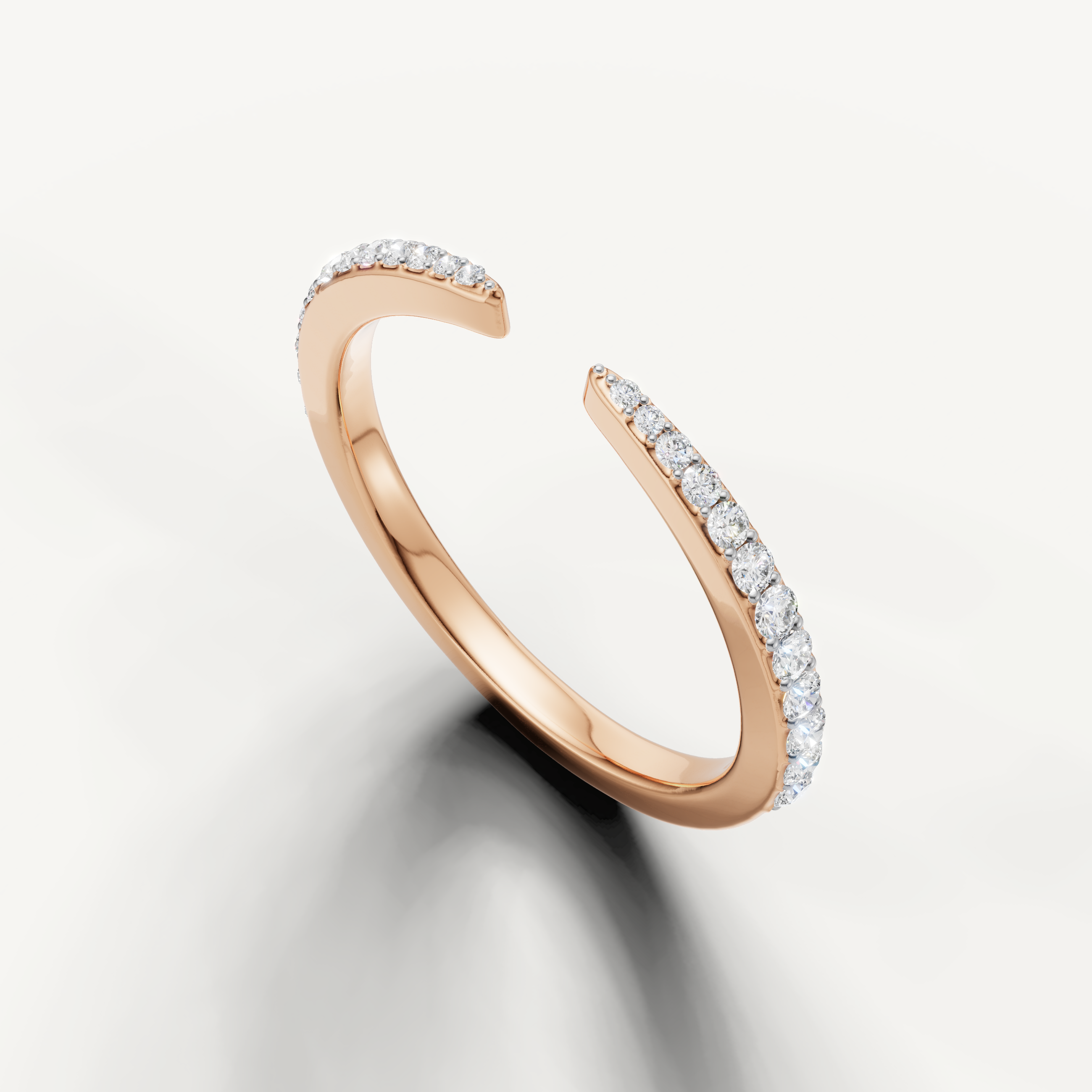Rose gold modern open front diamond wedding band with delicate pavé detailing