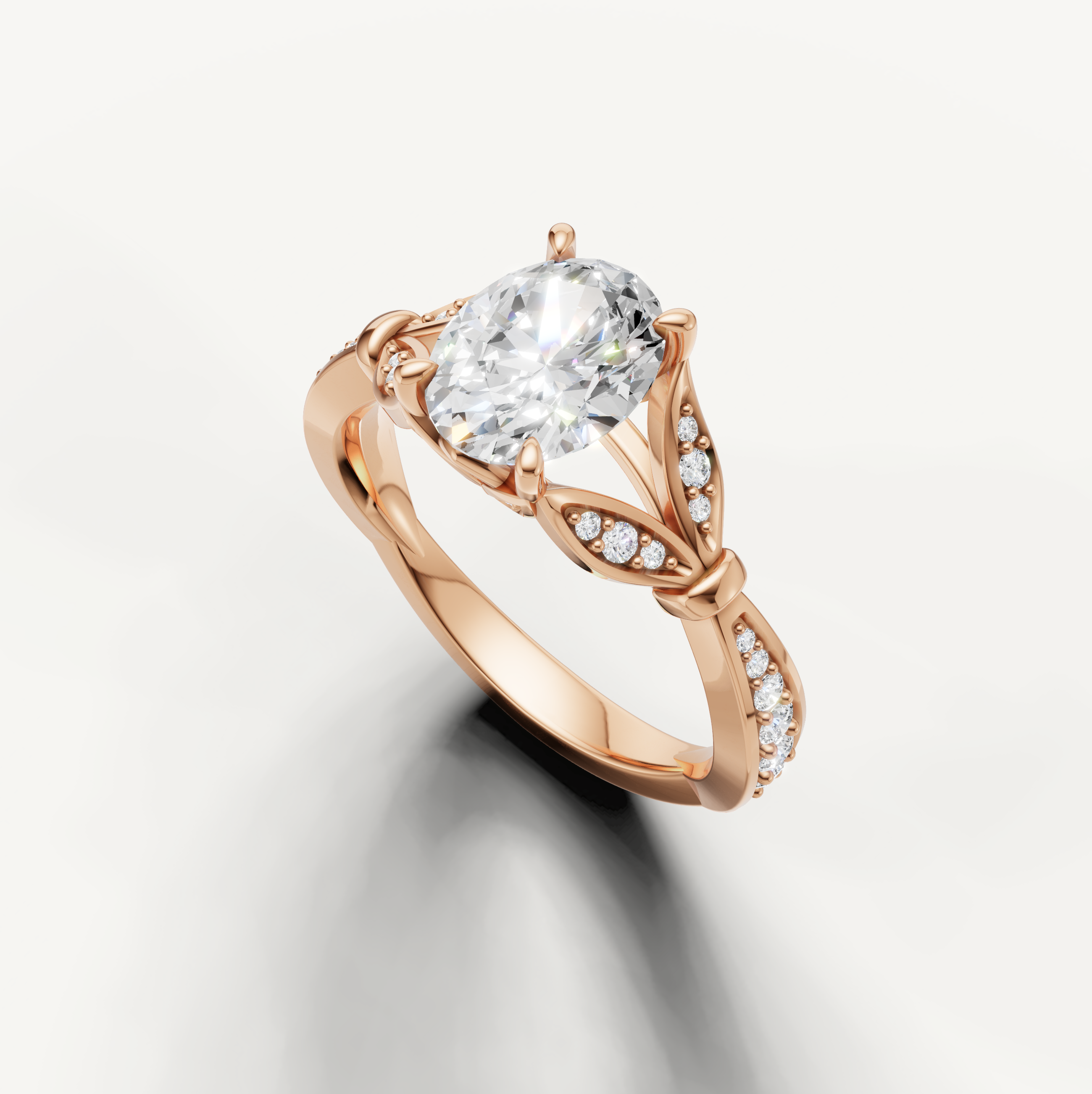 14K rose gold oval engagement ring featuring a sparkling lab grown diamond center stone by Raul Diamonds