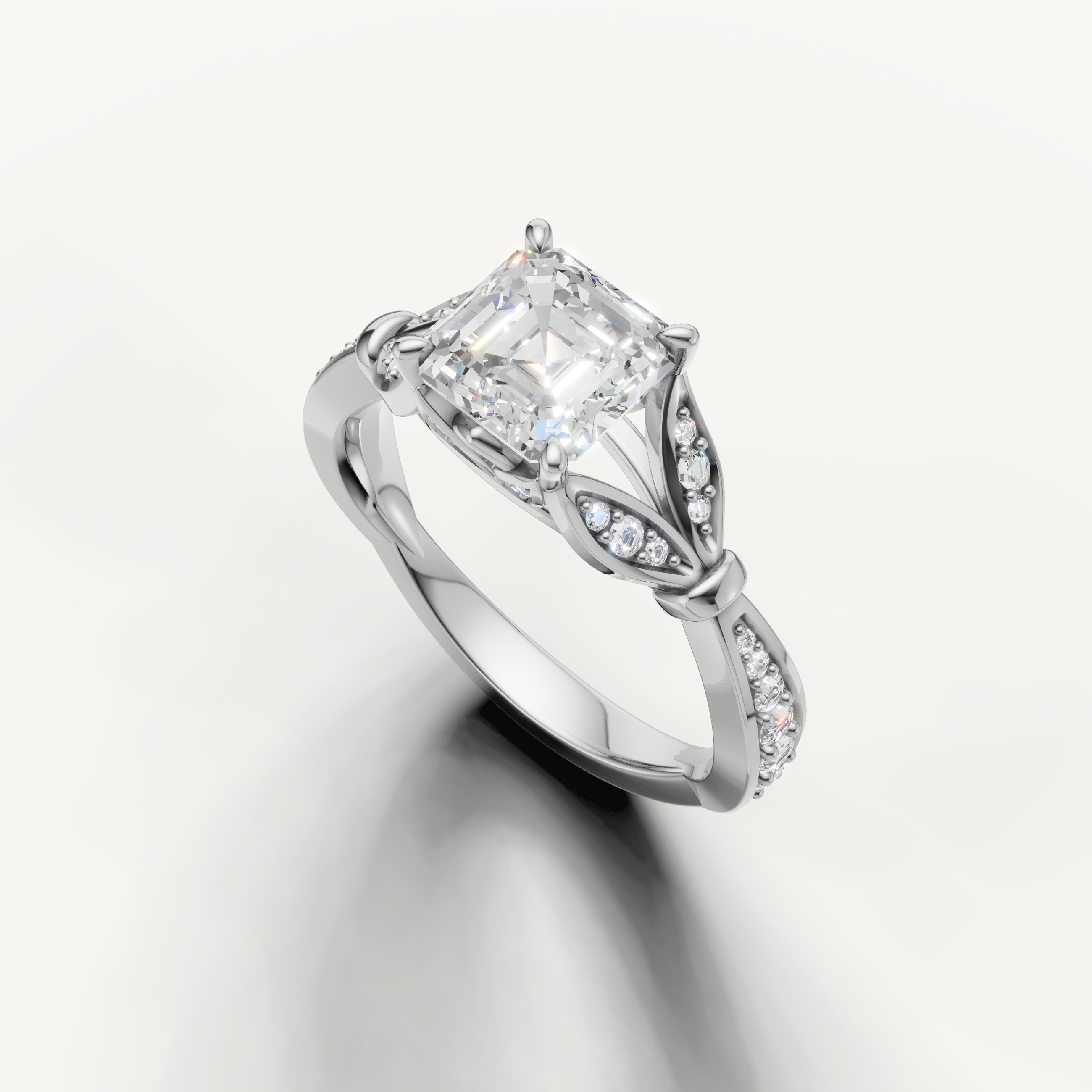 vintage inspired asscher diamond ring with intricate pavé detailing white gold