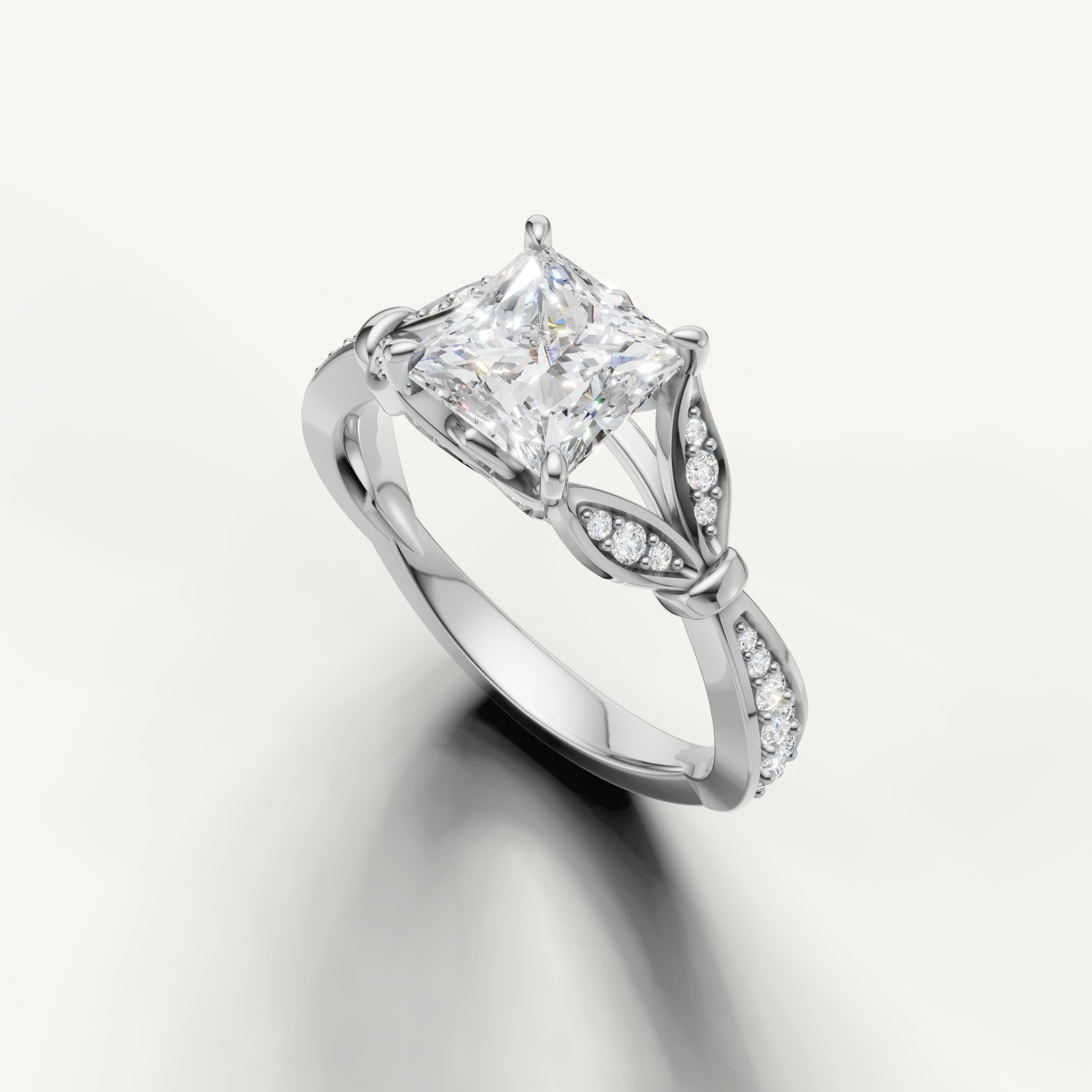 14K white gold princess engagement ring featuring a brilliant lab grown diamond center stone by Raul Diamonds