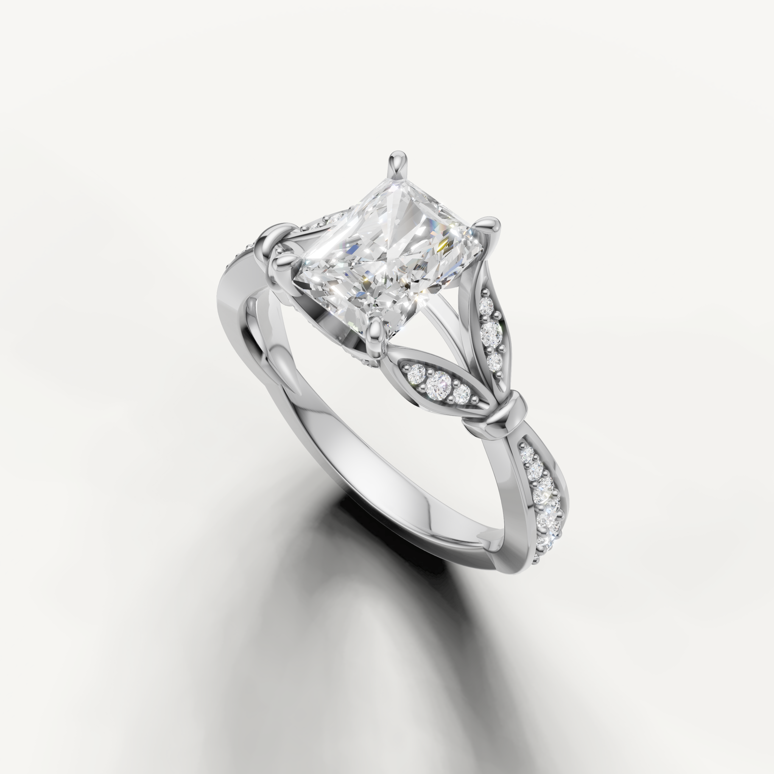 vintage inspired radiant diamond ring with intricate filigree detailing white gold