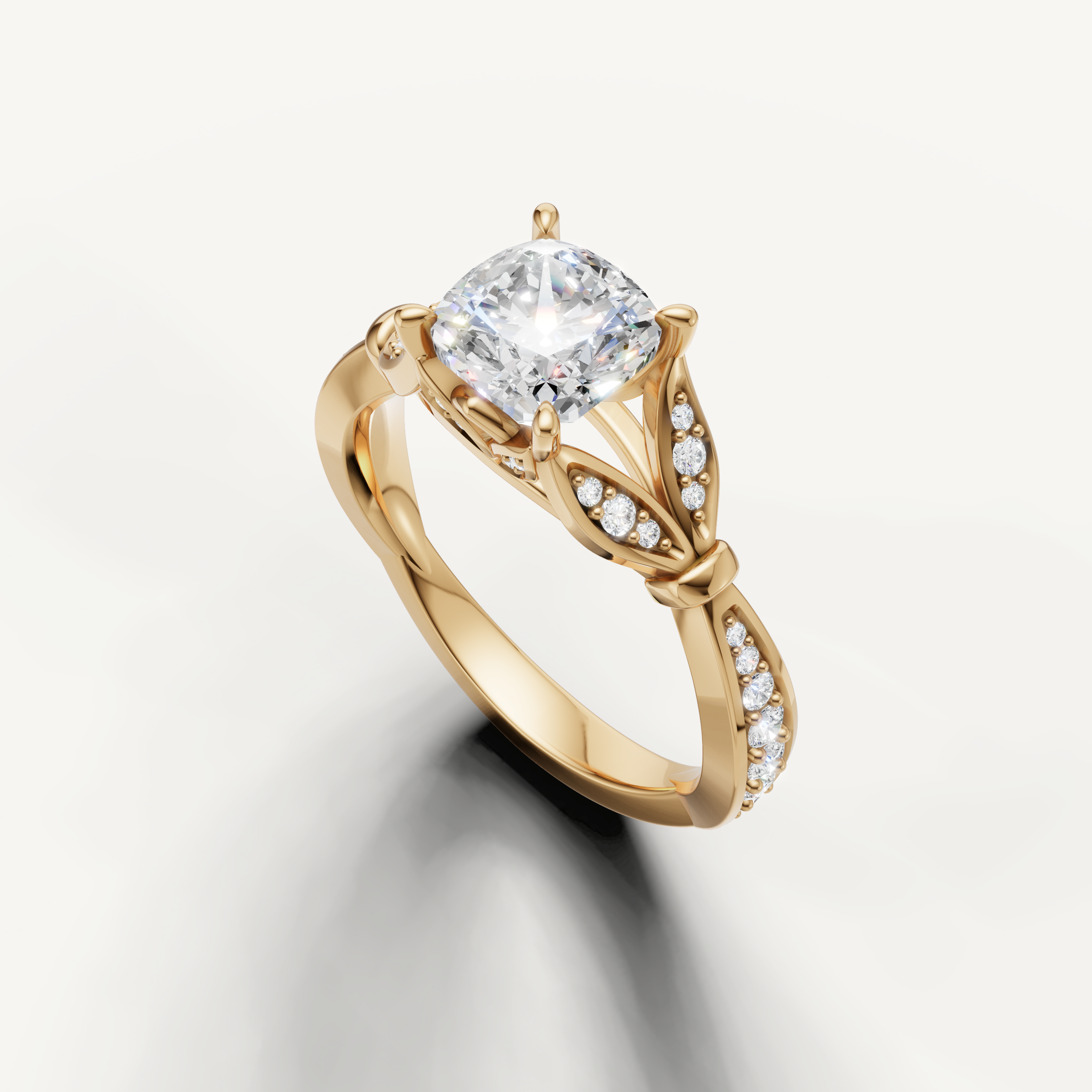 14K yellow gold cushion cut engagement ring featuring a brilliant lab grown diamond center stone by Raul Diamonds