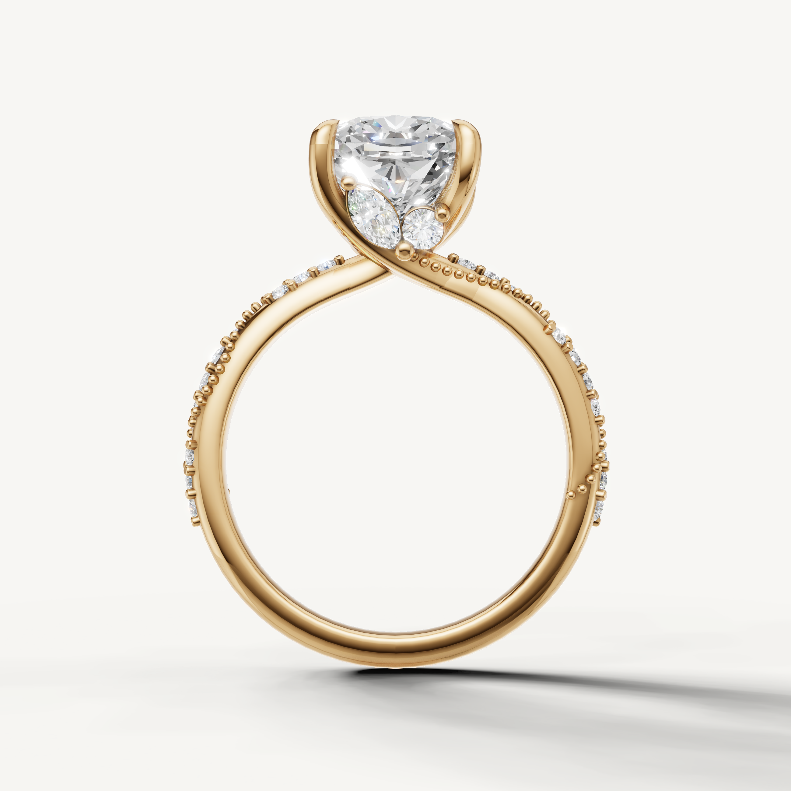 Yellow gold cushion cut lab grown diamond solitaire ring with pavé accents and timeless bridal elegance
