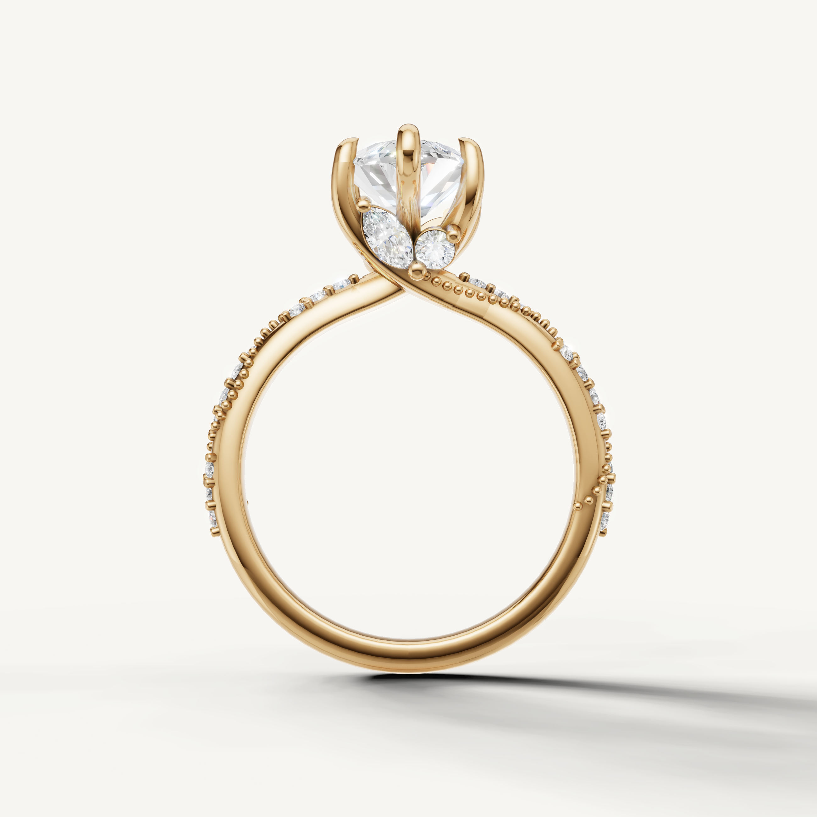 marquise lab grown diamond ring with elegant twisted pavé band yellow gold