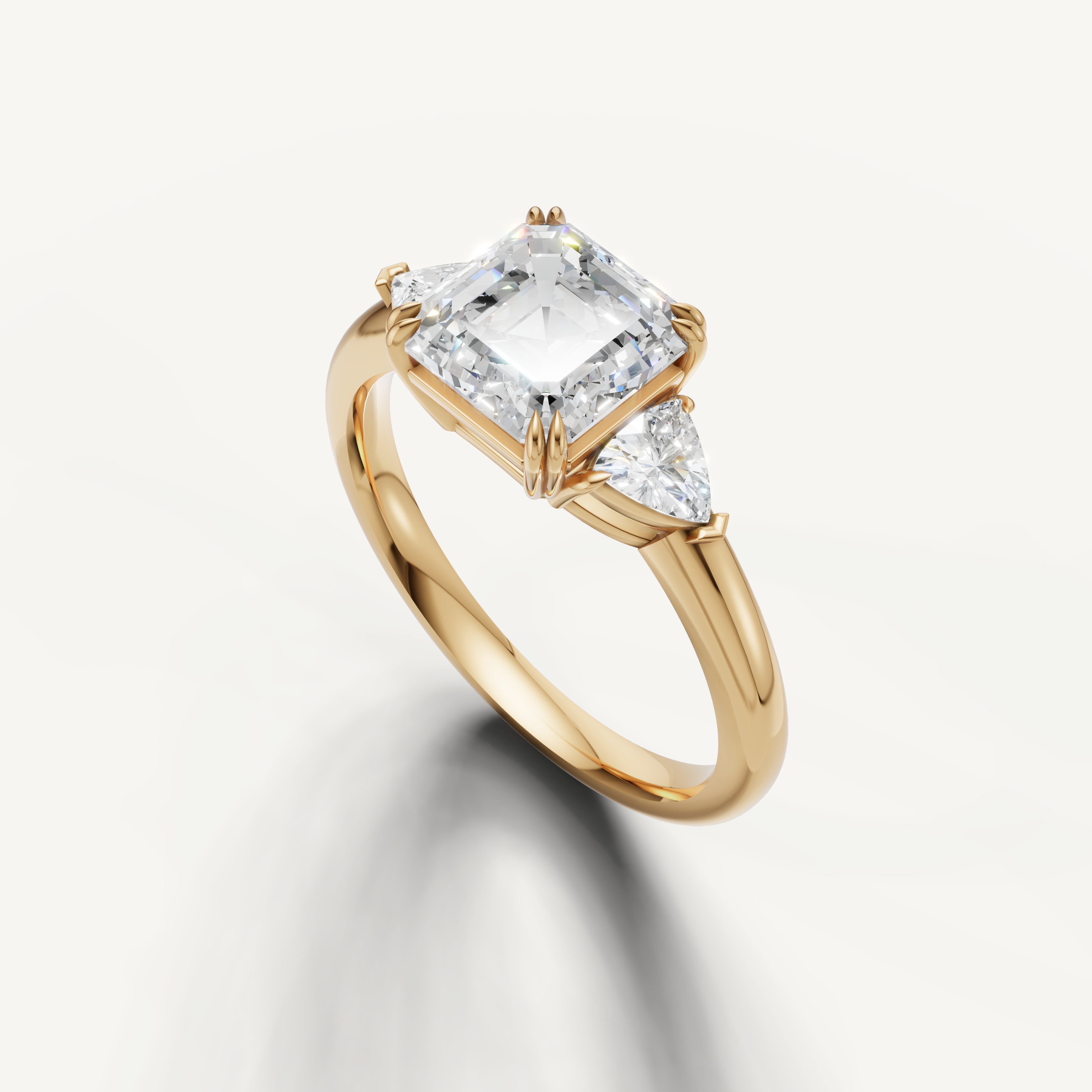 vintage inspired asscher cut engagement ring with architectural step cut facets and gold band