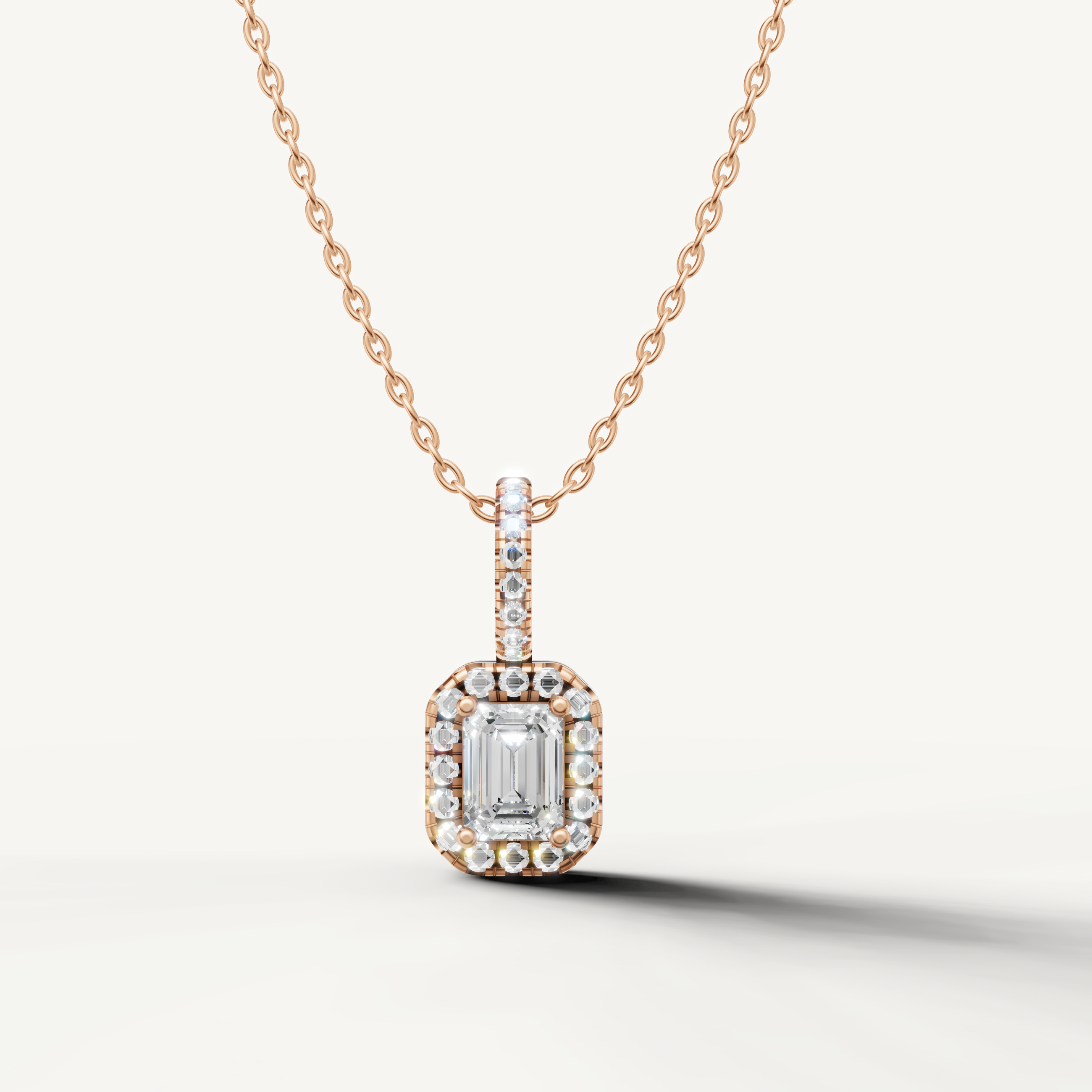 Emerald Cut Lab Grown Diamond Halo Pendant Necklace in 14K Rose Gold by Raul Diamonds