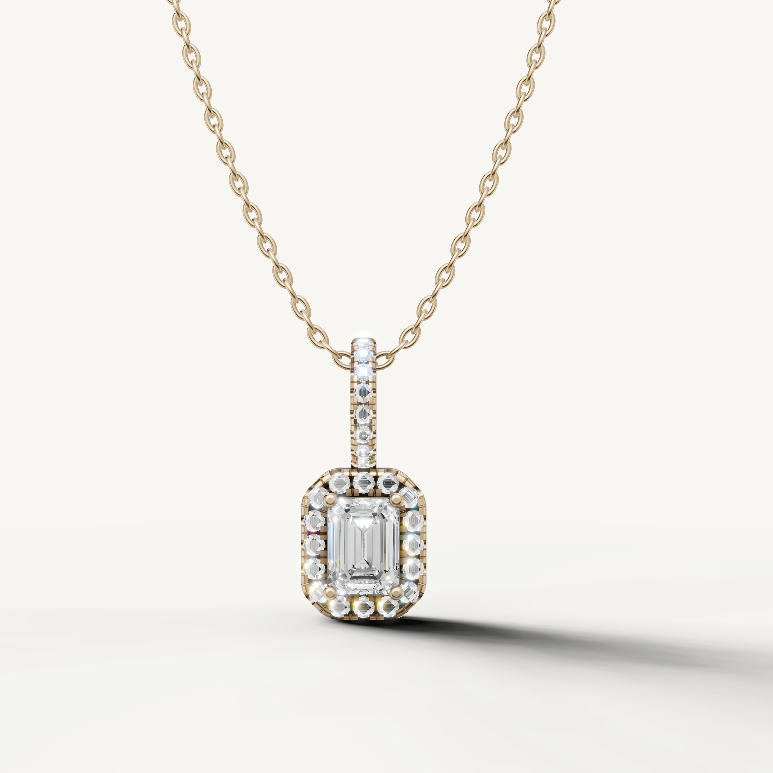 Emerald Cut Lab Grown Diamond Halo Pendant Necklace in 14K Yellow Gold by Raul Diamonds