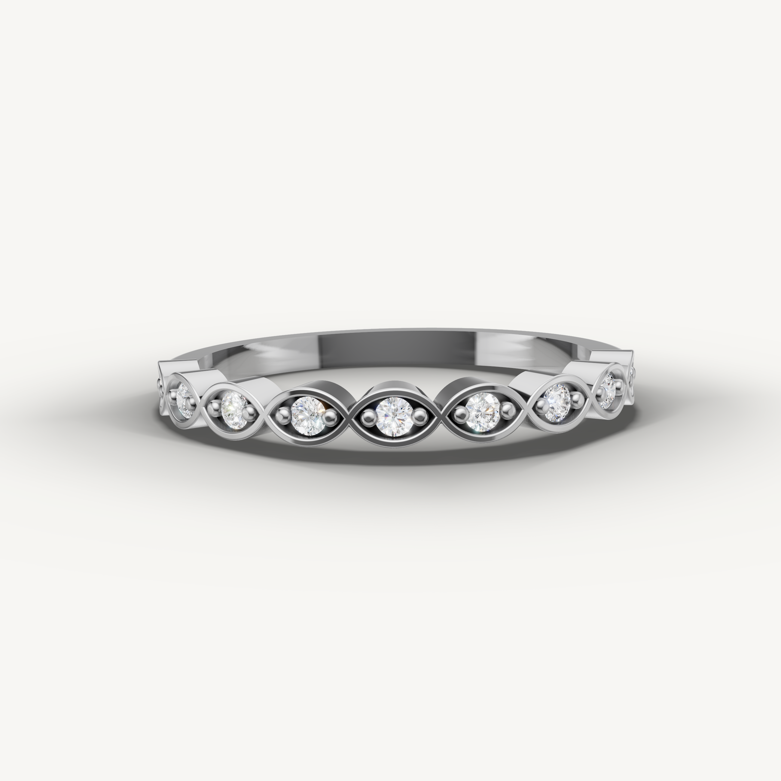 White gold diamond eternity wedding band with vintage infinity motif and sparkling stones
