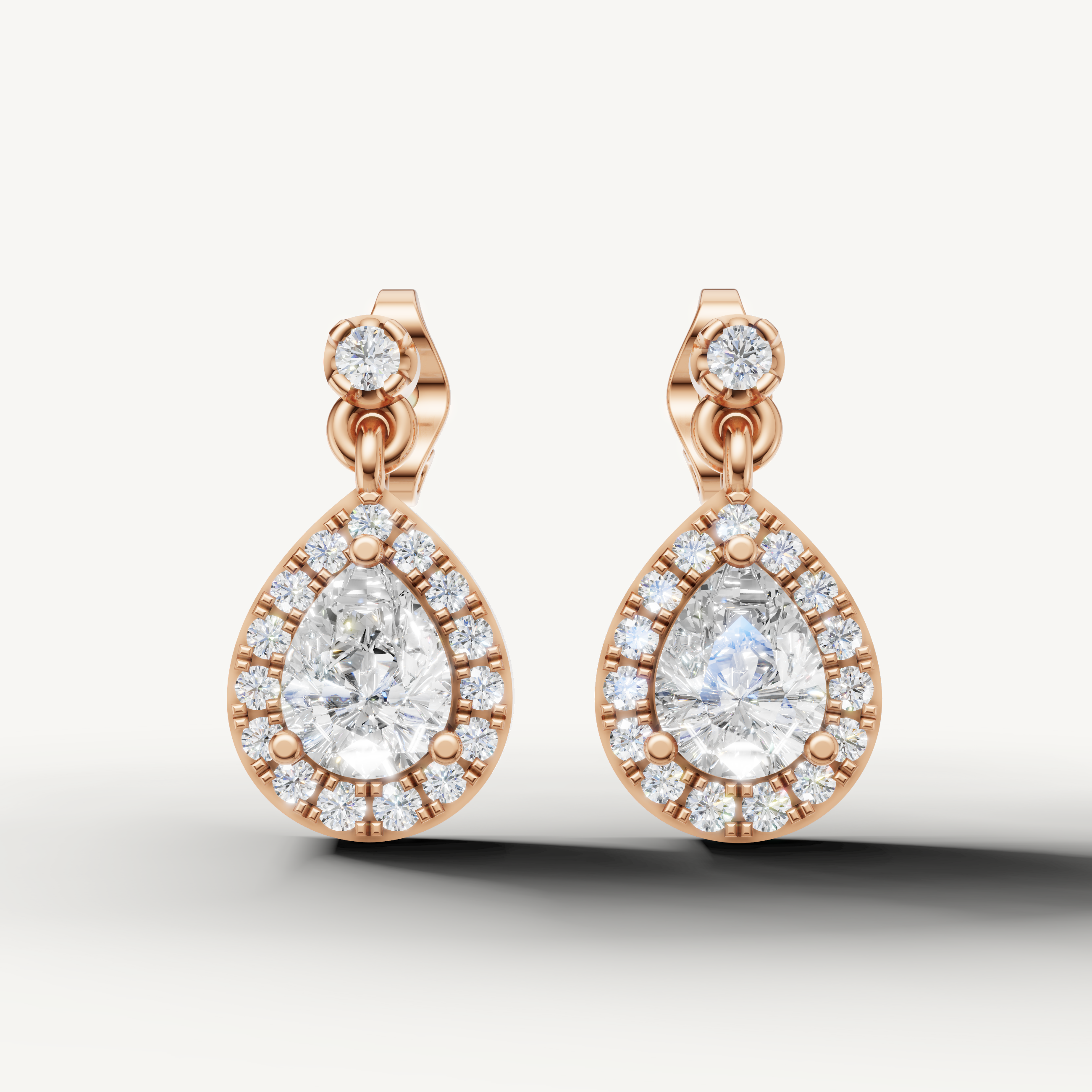 Raul Diamonds rose gold pear shape halo diamond drop earrings with luxurious brilliance