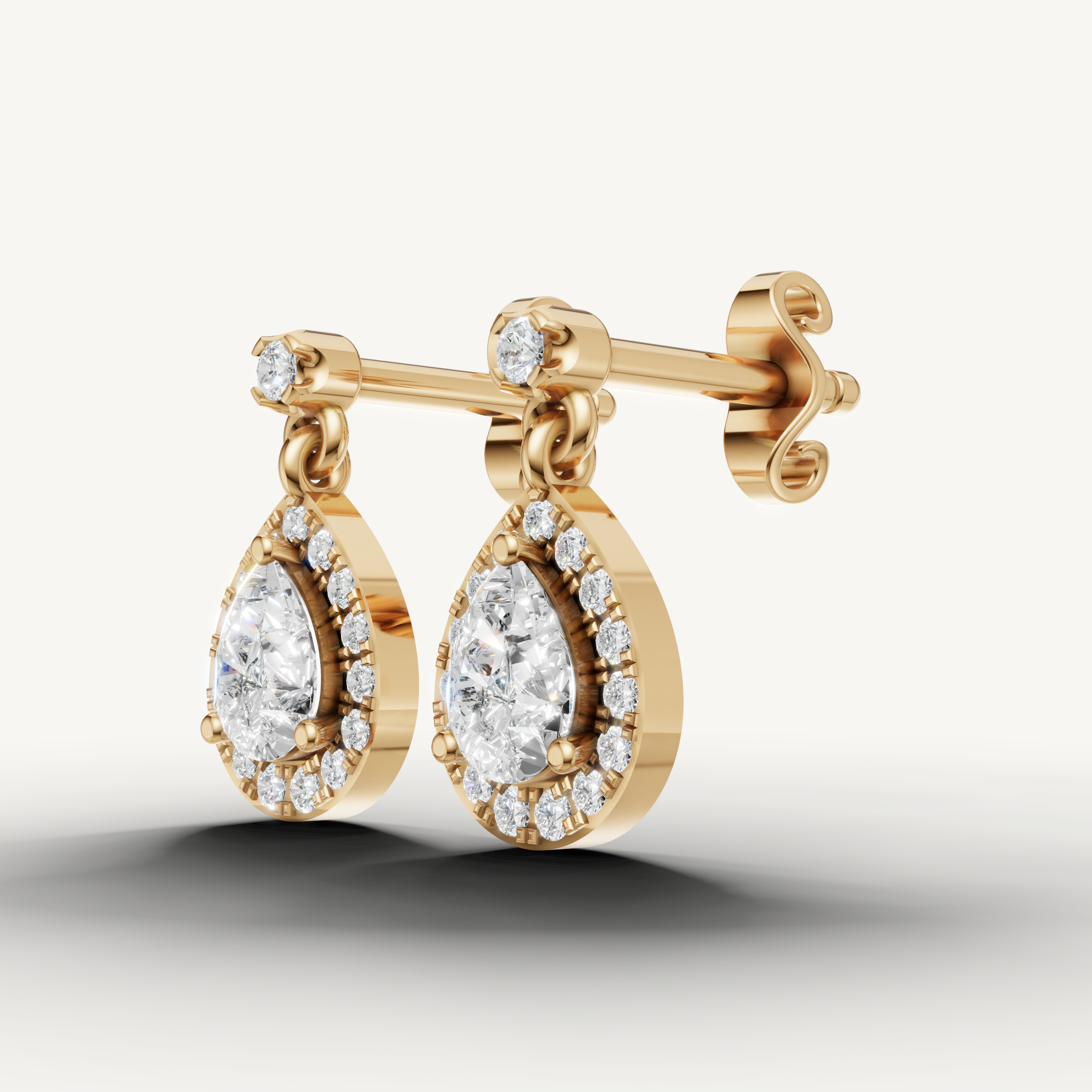 Raul Diamonds yellow gold pear diamond drop earrings with vintage inspired craftsmanship