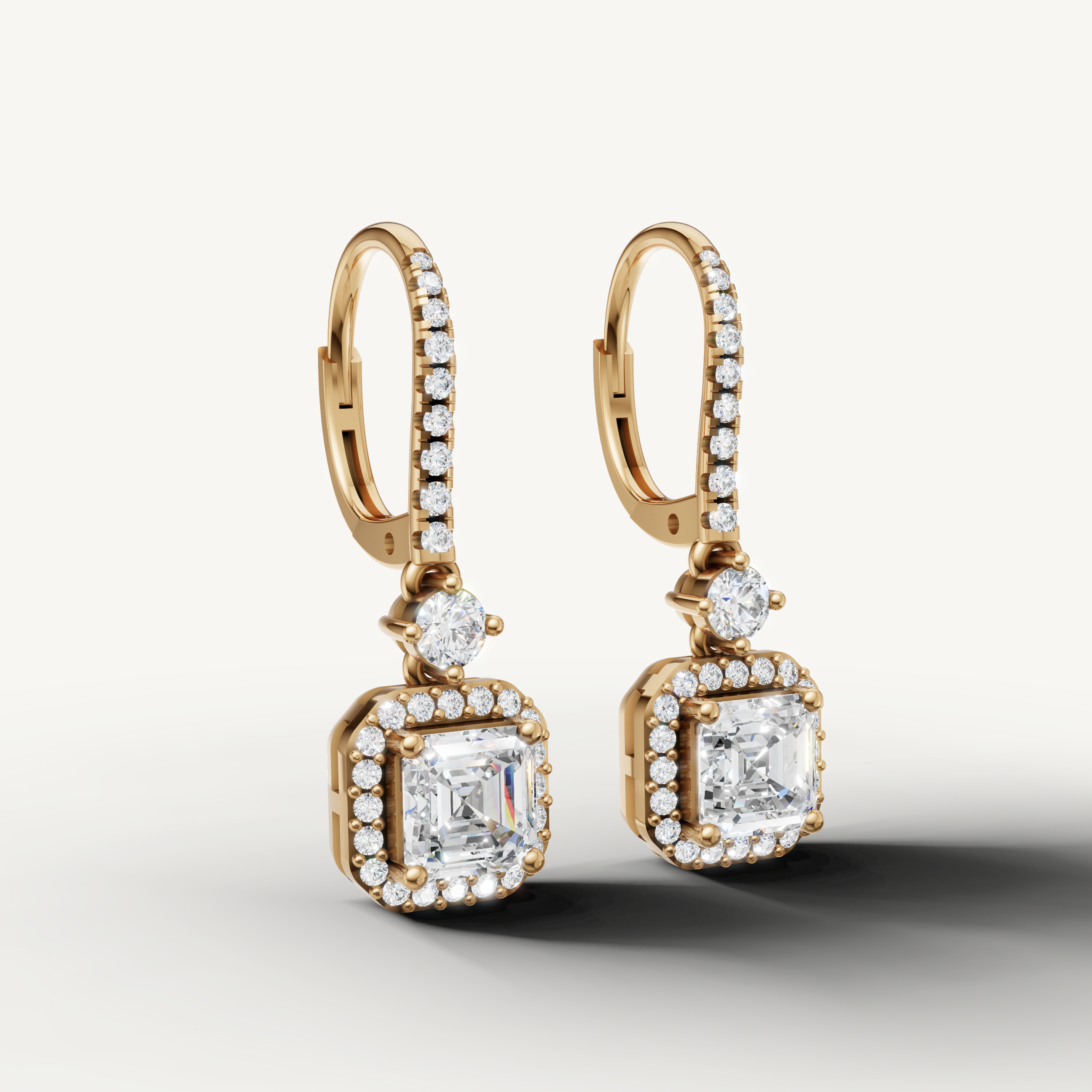 Luxury yellow gold halo asscher cut diamond earrings for women by Raul Diamonds