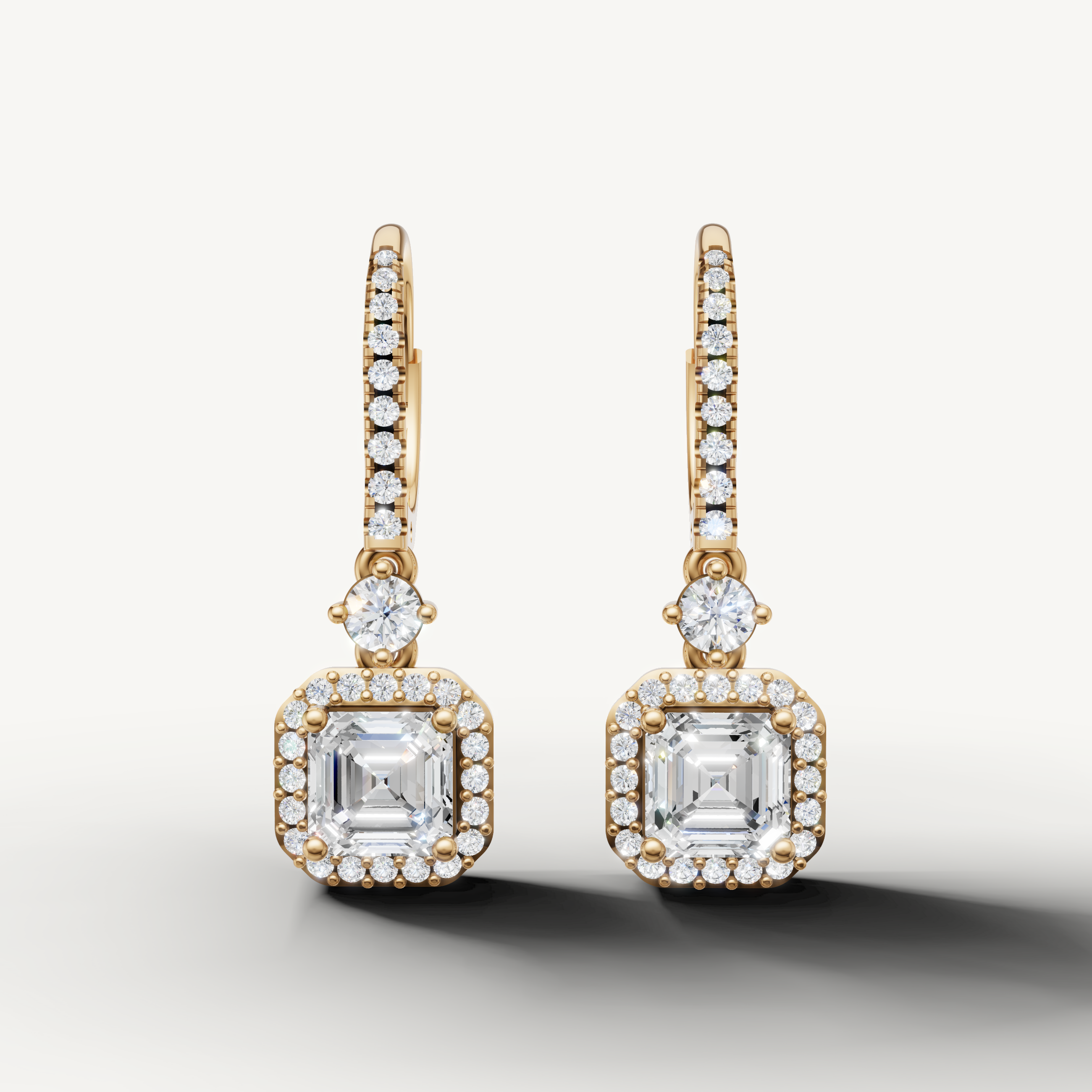 Raul Diamonds yellow gold asscher cut halo diamond drop earrings with elegant sparkle