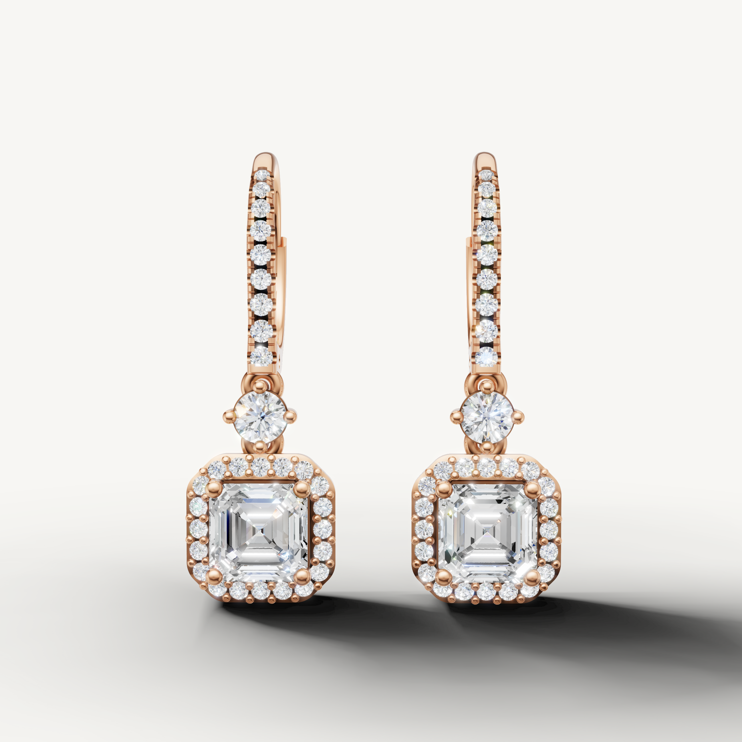 Raul Diamonds rose gold asscher cut halo diamond drop earrings with luxury sparkle