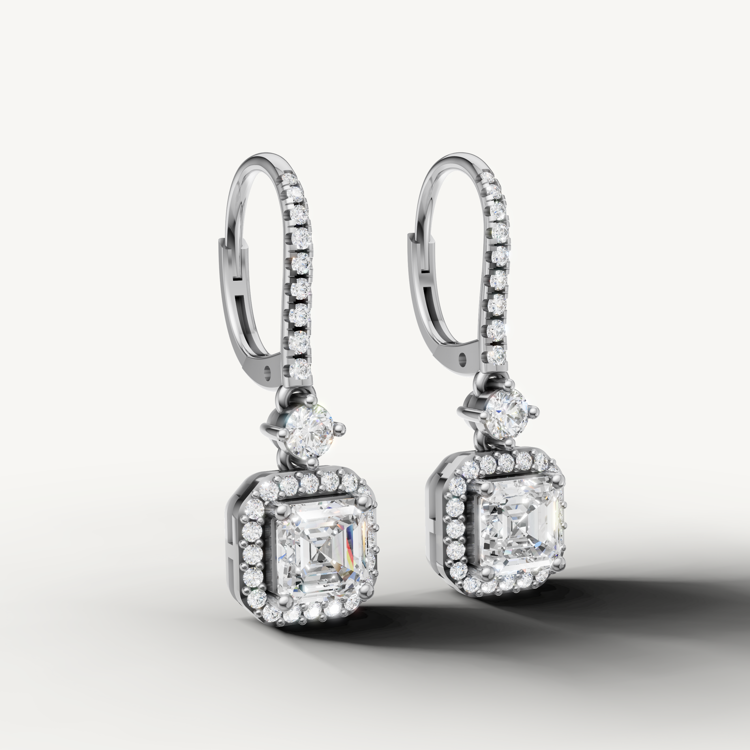Luxury white gold halo asscher cut diamond earrings with timeless elegance by Raul Diamonds