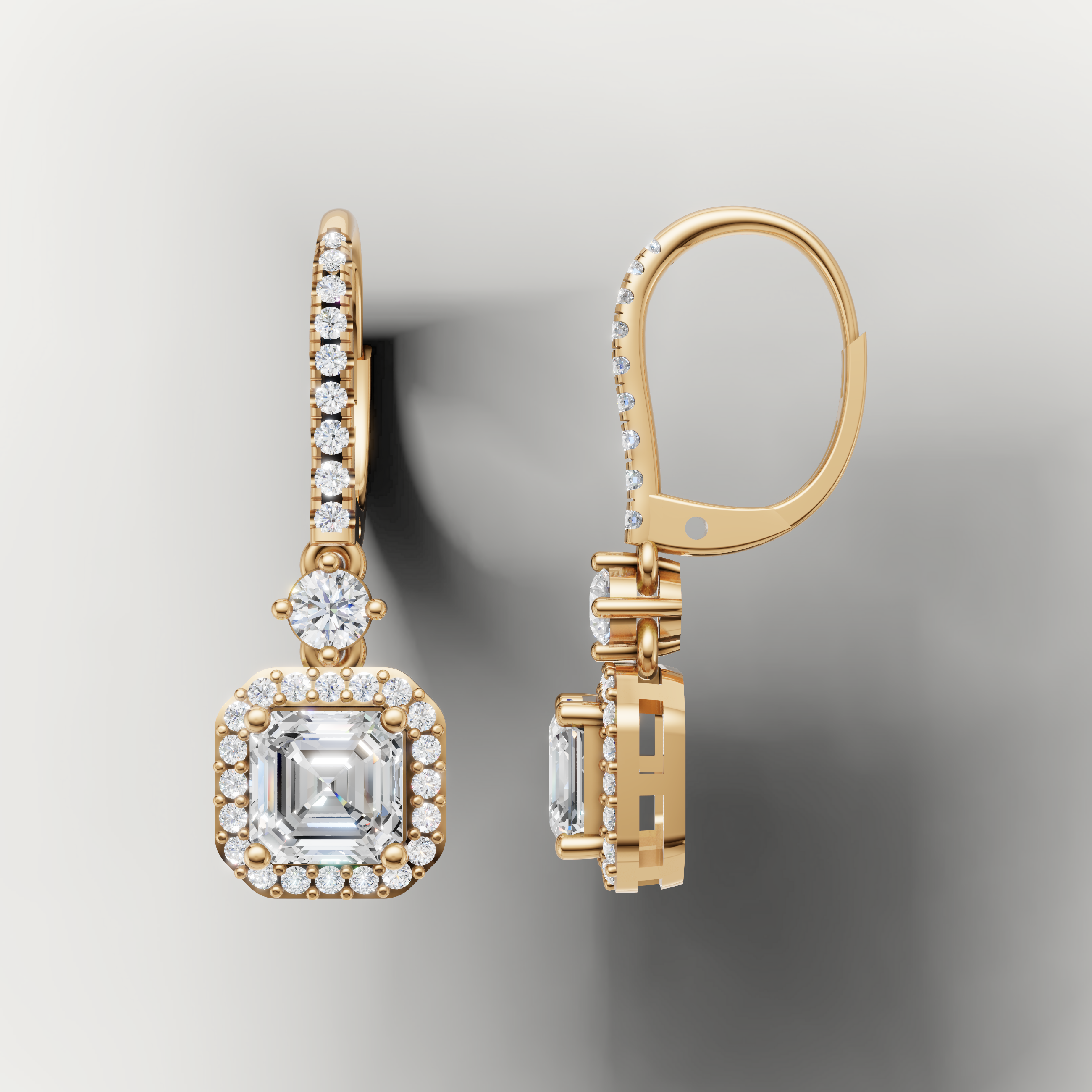 Yellow gold asscher diamond dangle earrings by Raul Diamonds with pave hoop detailing