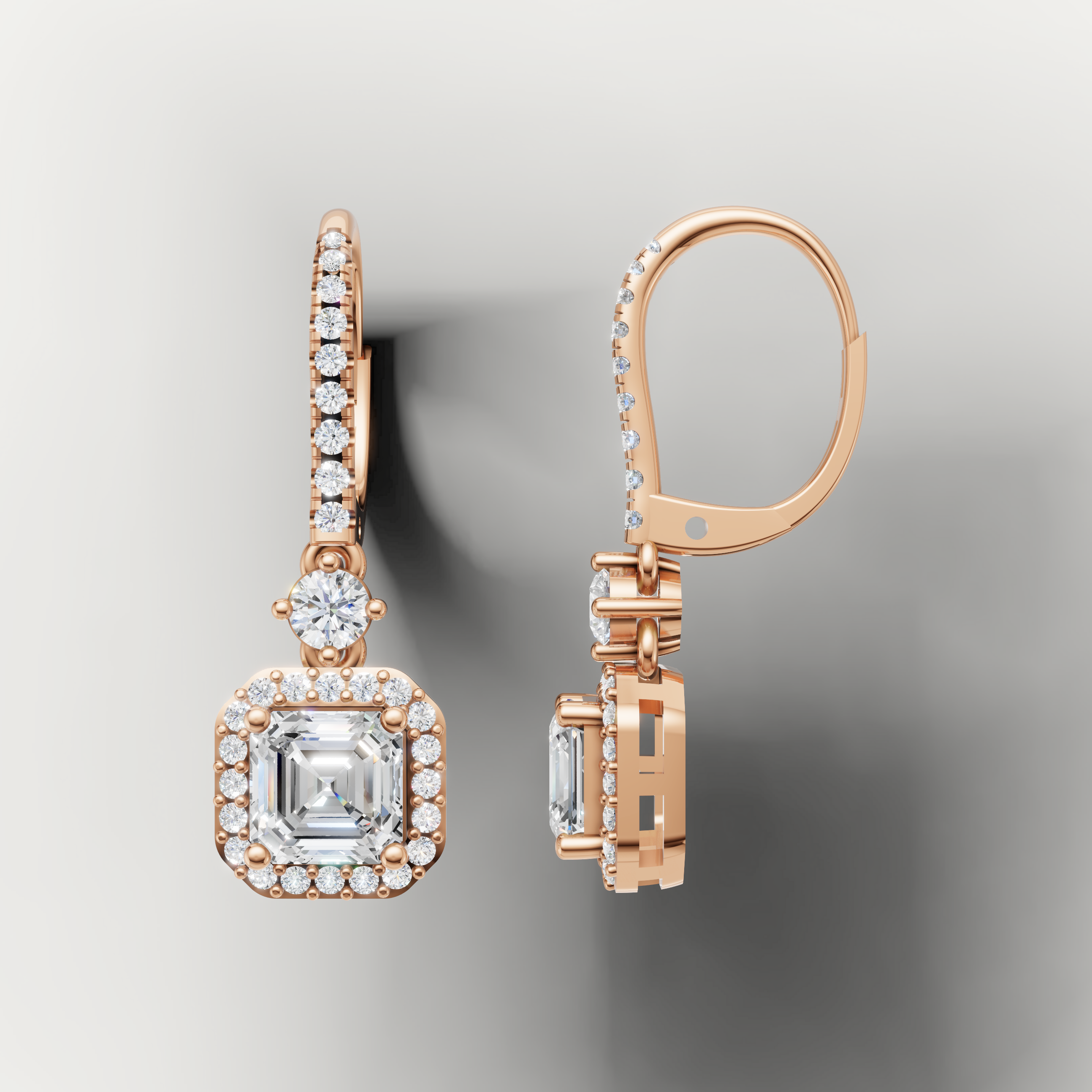 Rose gold asscher diamond dangle earrings by Raul Diamonds with elegant pave diamonds