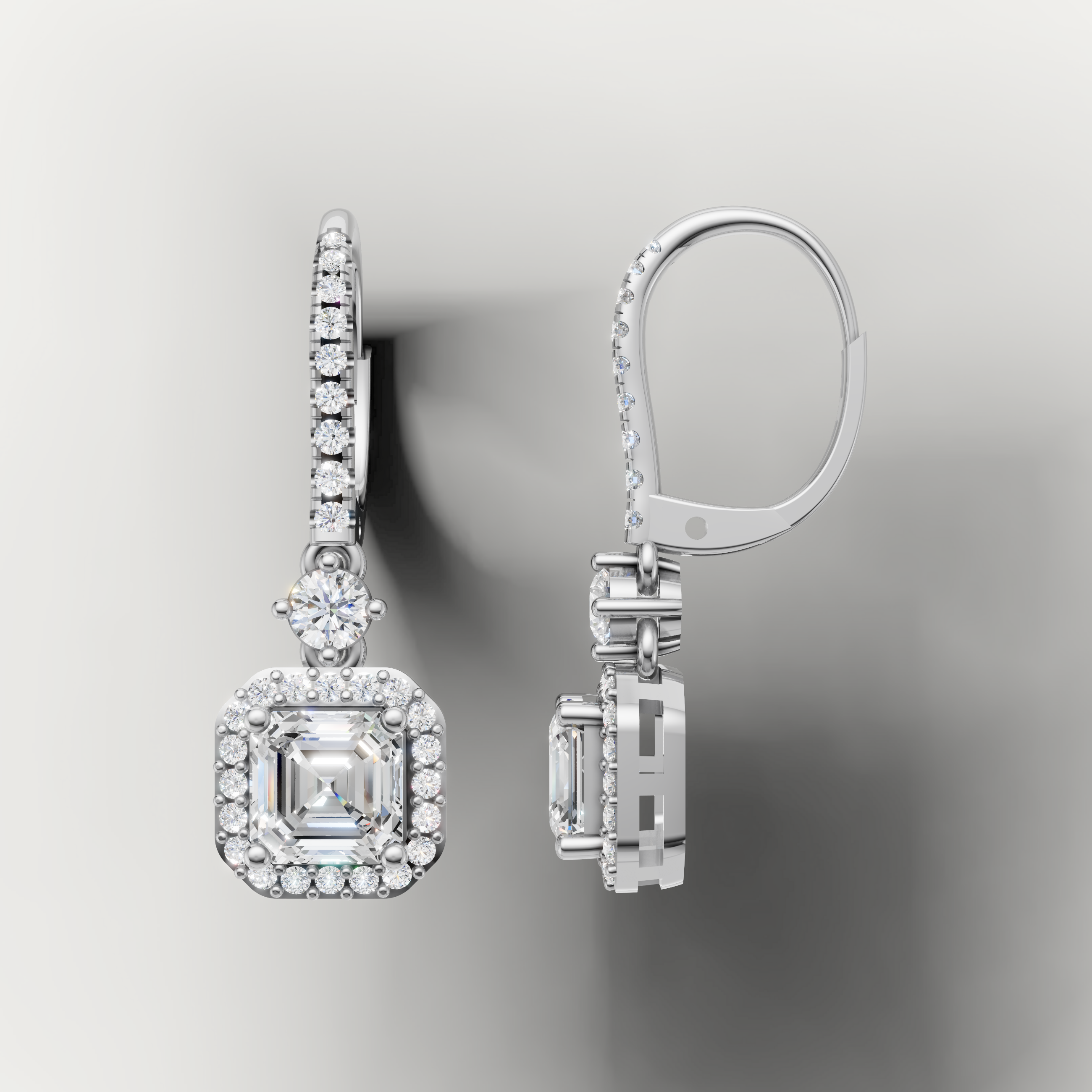 White gold asscher diamond dangle earrings by Raul Diamonds with pave hoop design