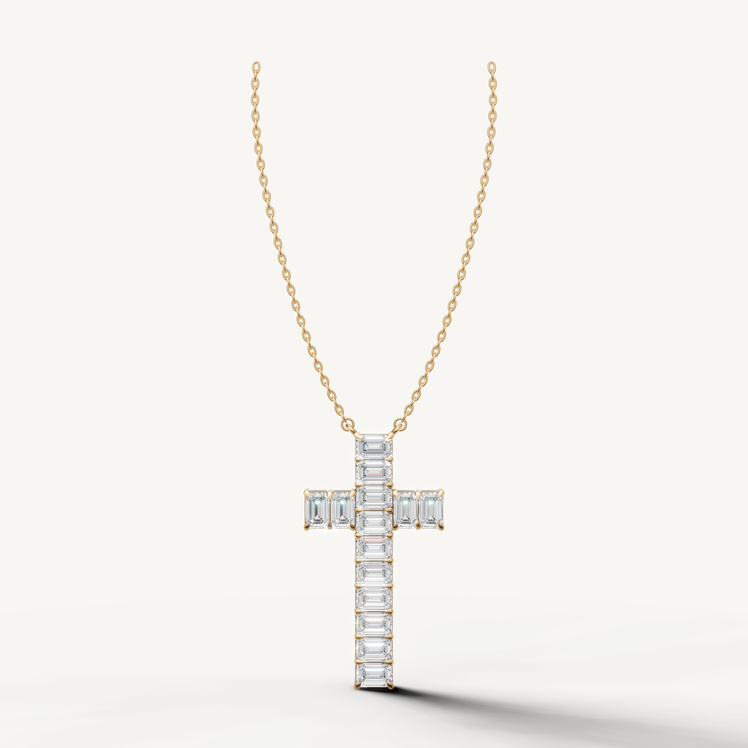 Emerald Cut Lab Grown Diamond Cross Pendant Necklace in 14K Yellow Gold by Raul Diamonds