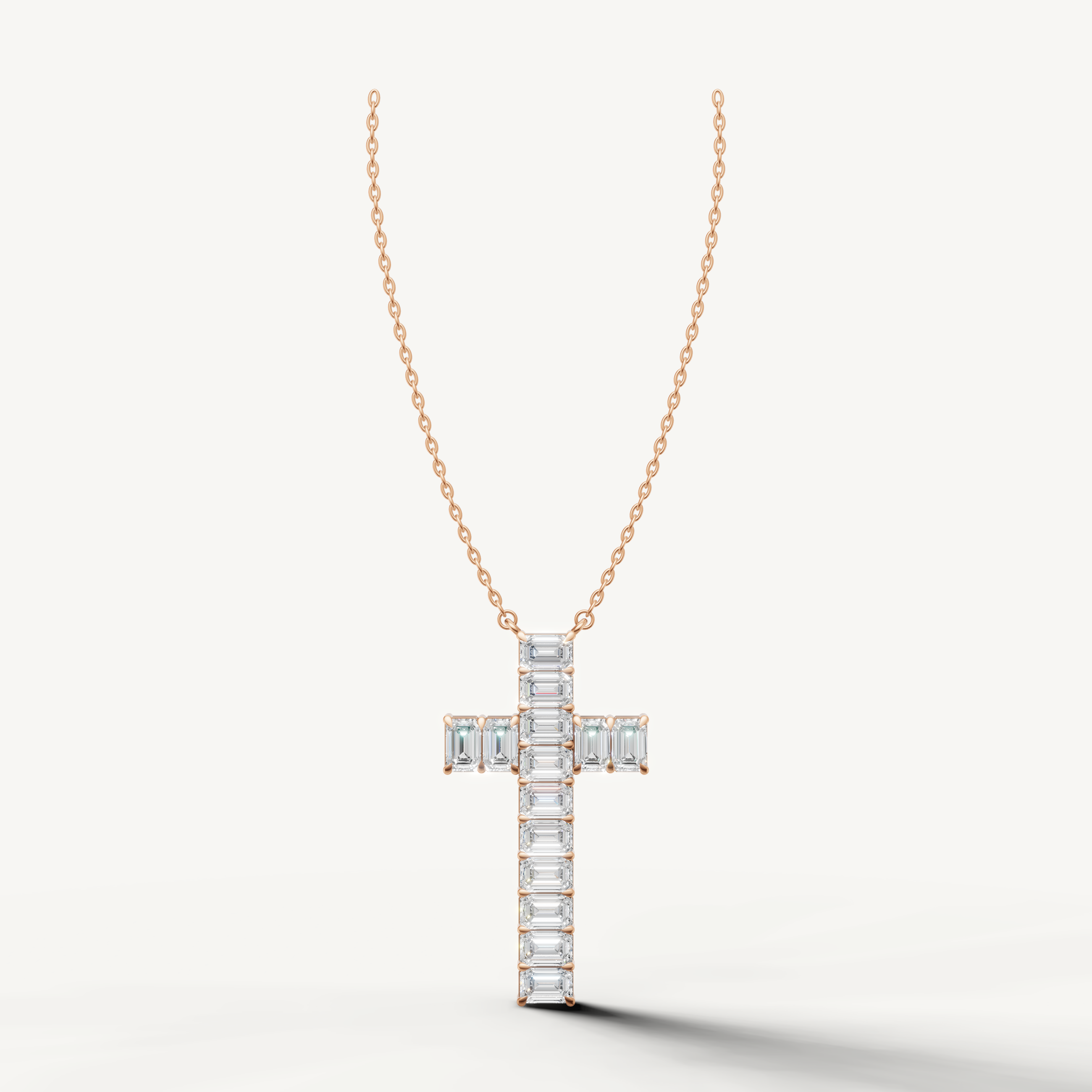 Emerald Cut Lab Grown Diamond Cross Pendant Necklace in 14K Rose Gold by Raul Diamonds