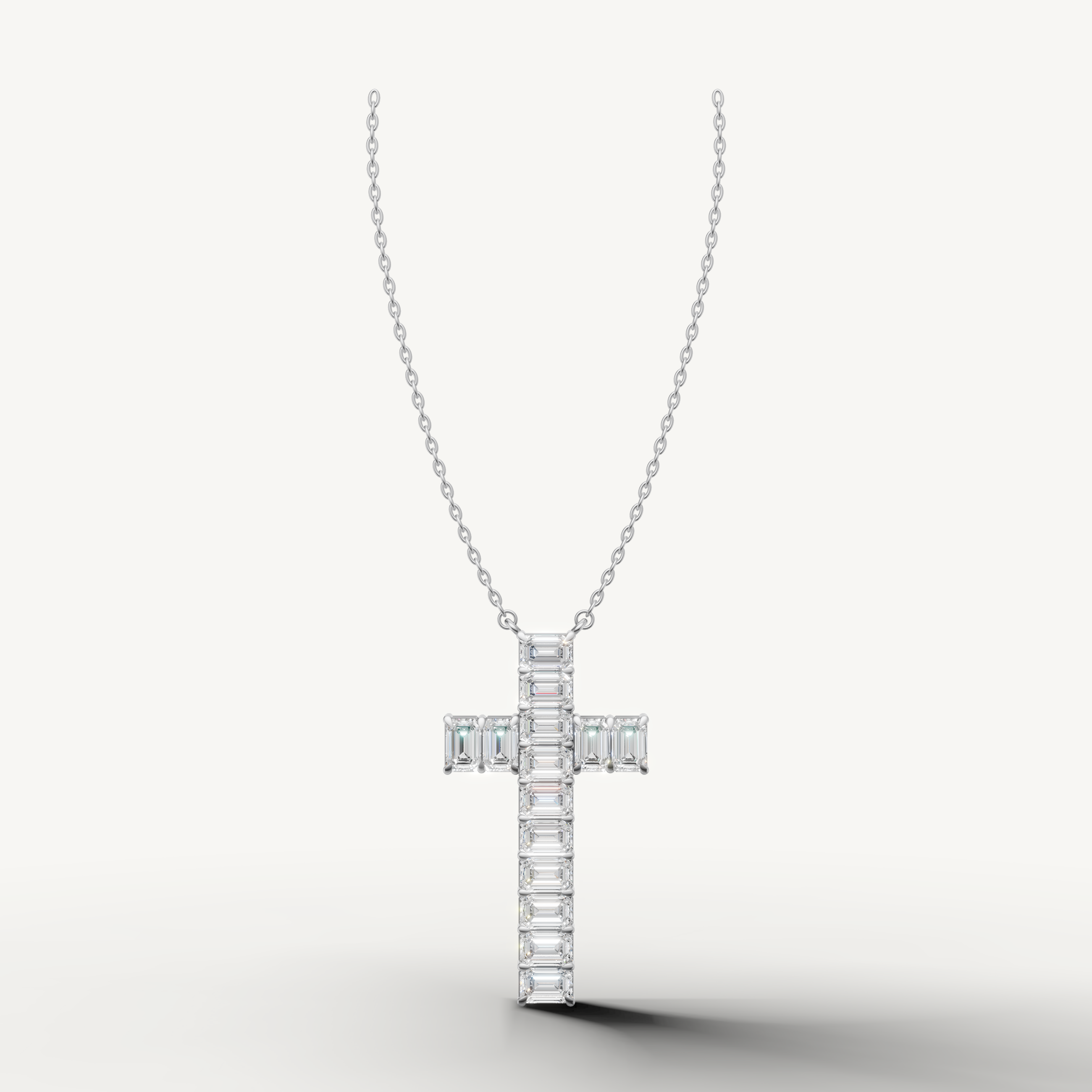 Emerald Cut Lab Grown Diamond Cross Pendant Necklace in 14K White Gold by Raul Diamonds
