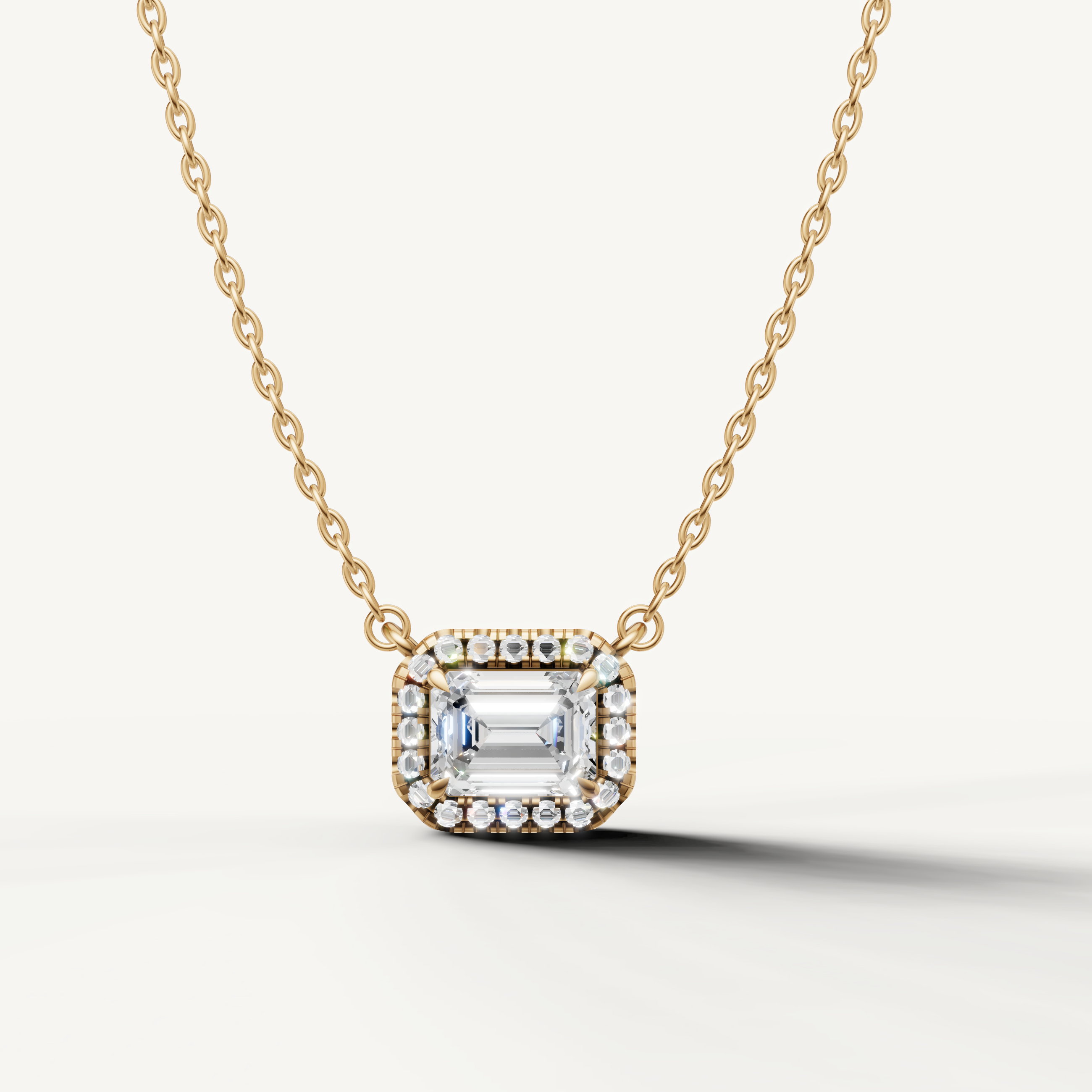 Emerald Cut Lab Grown Diamond Halo Pendant Necklace in 14K Yellow Gold by Raul Diamonds