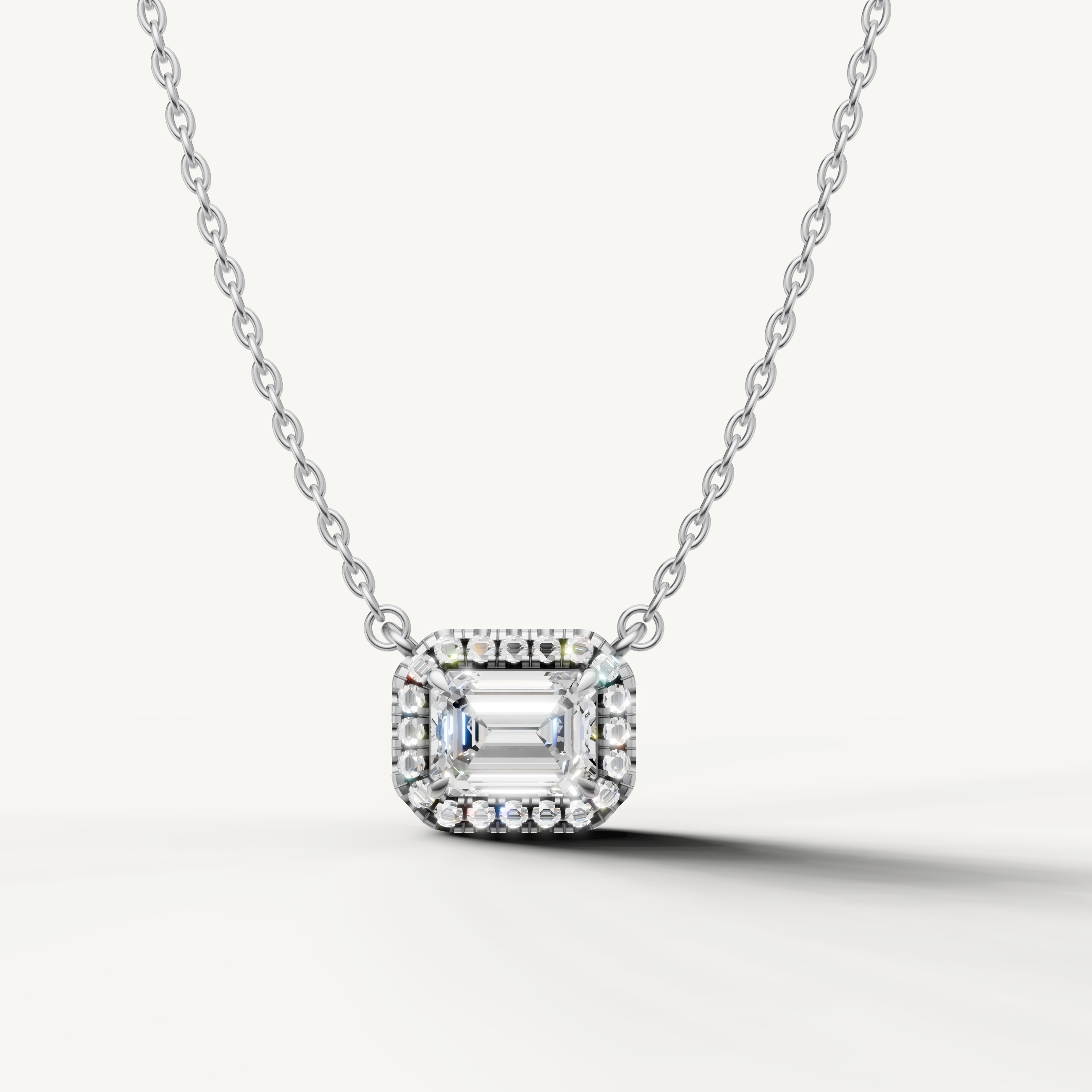 Emerald Cut Lab Grown Diamond Halo Pendant Necklace in 14K White Gold by Raul Diamonds