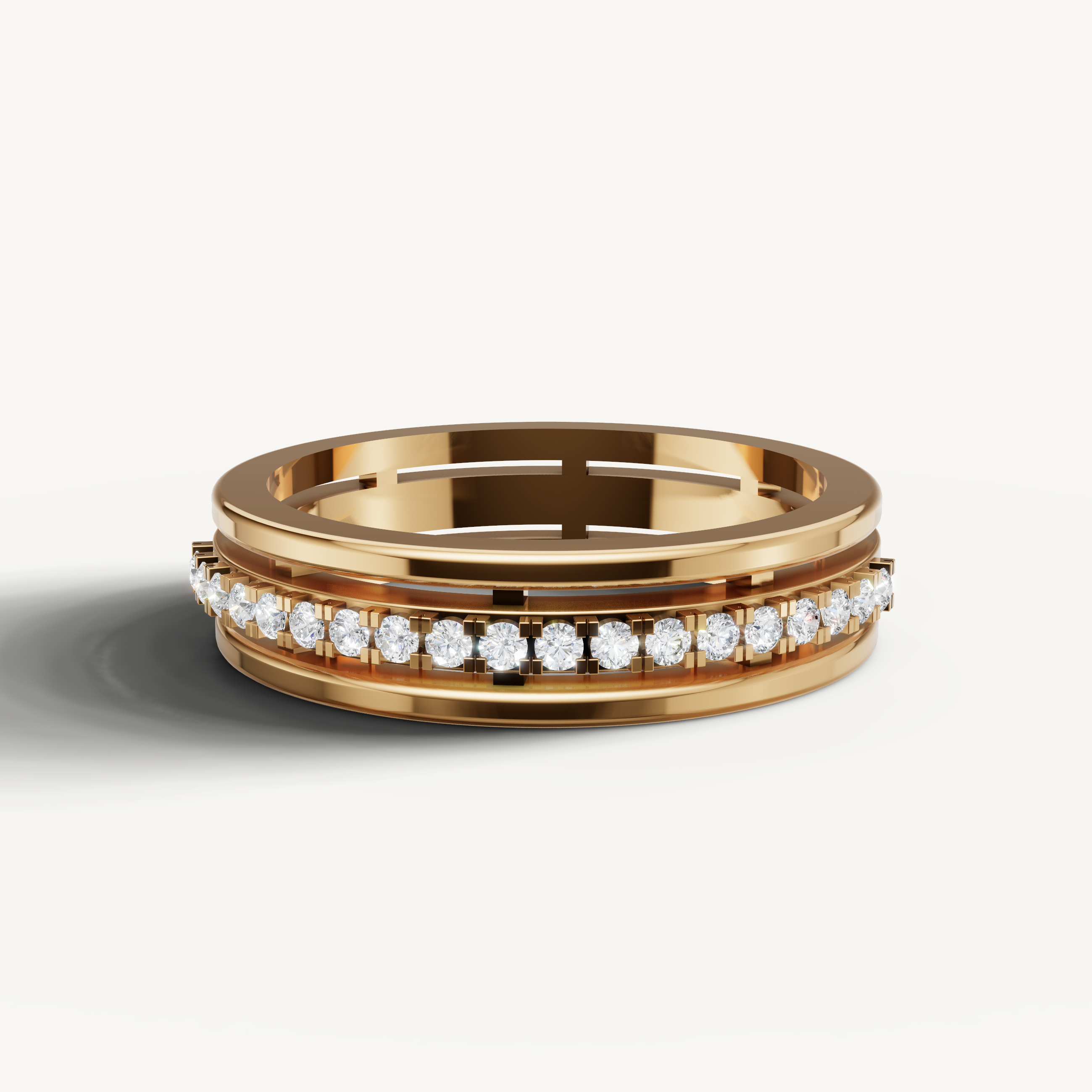 Raul Diamonds yellow gold diamond wedding band with floating round diamonds and modern eternity design