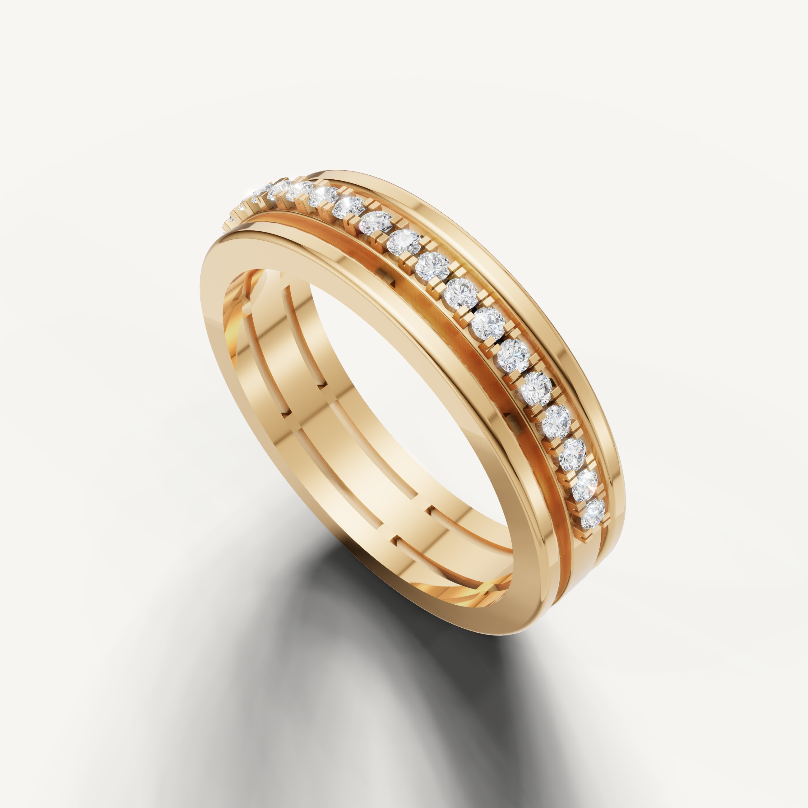 Luxury yellow gold stackable wedding band featuring brilliant round diamonds and sleek gold edges