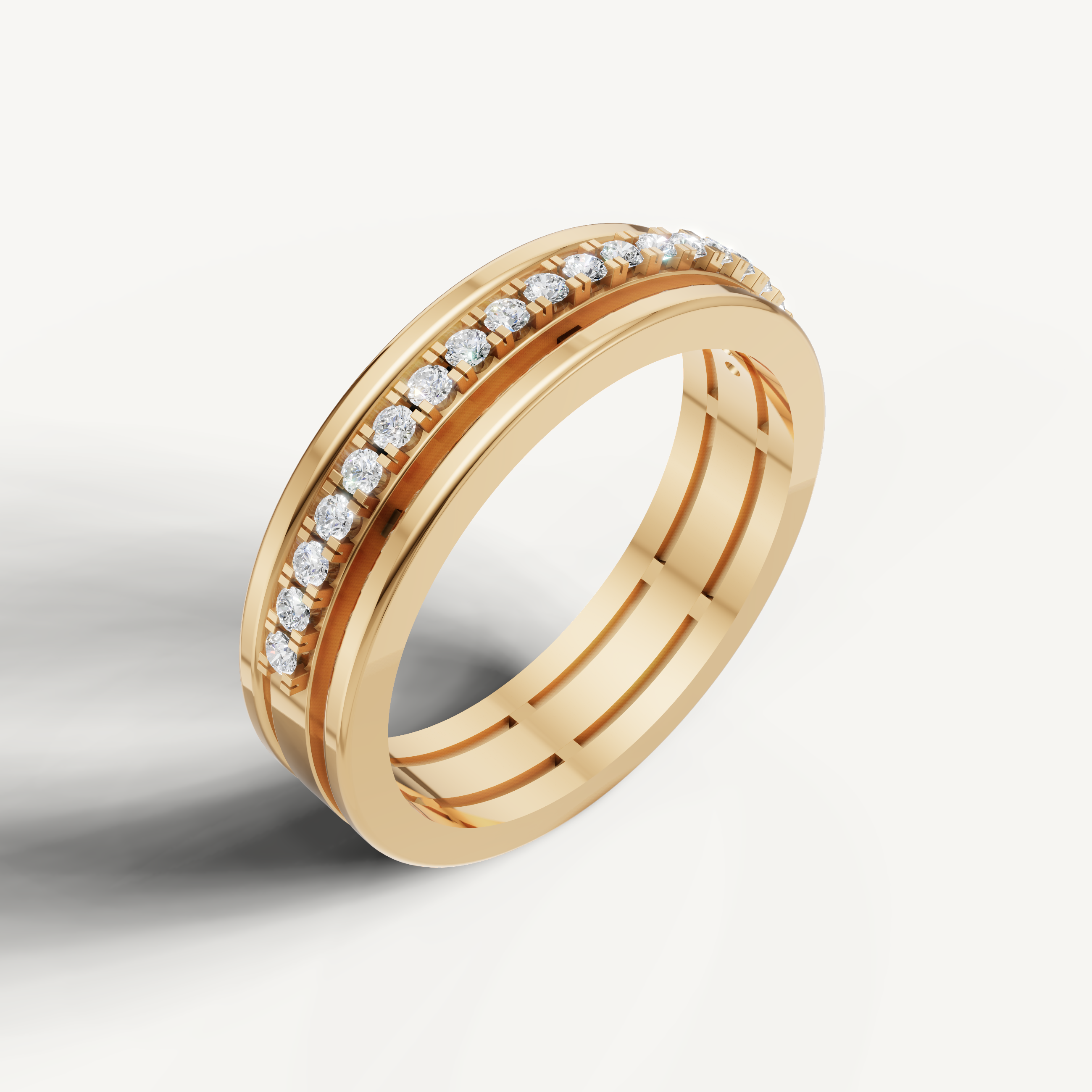 Elegant yellow gold diamond eternity wedding band by Raul Diamonds with channel set round diamonds
