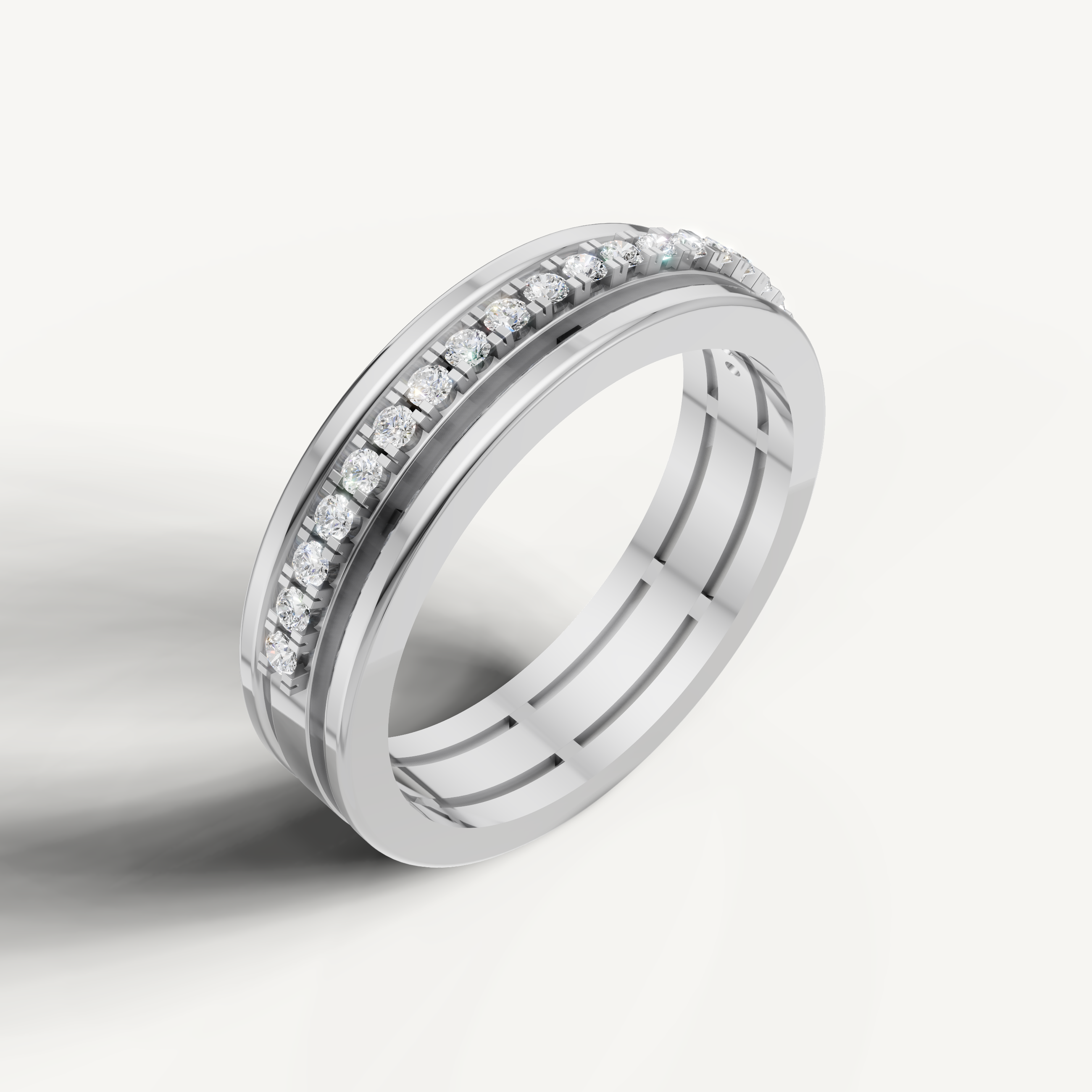 White gold modern wedding band with channel set round diamonds and polished finish