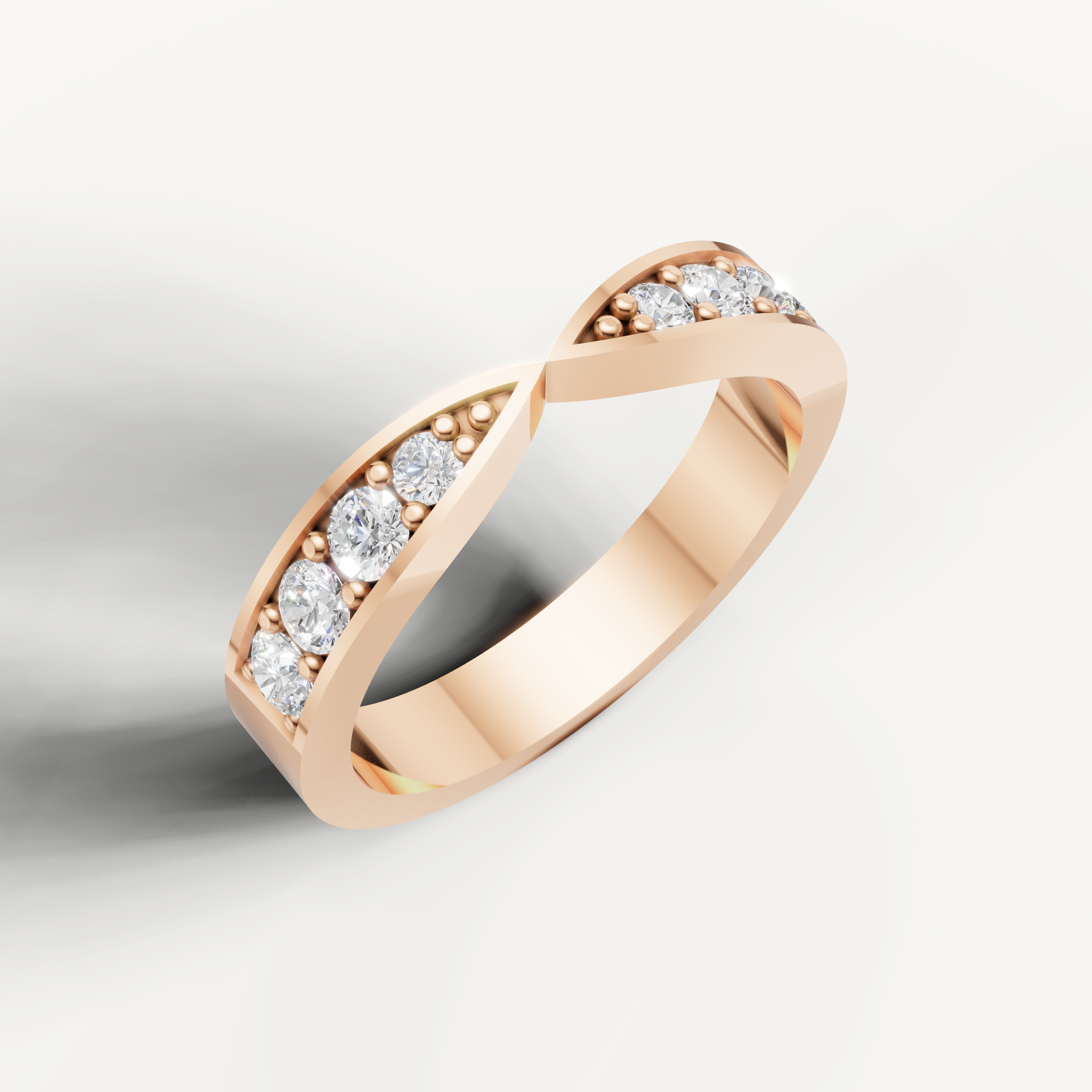 Romantic rose gold crossover diamond wedding ring with elegant infinity detailing by Raul Diamonds