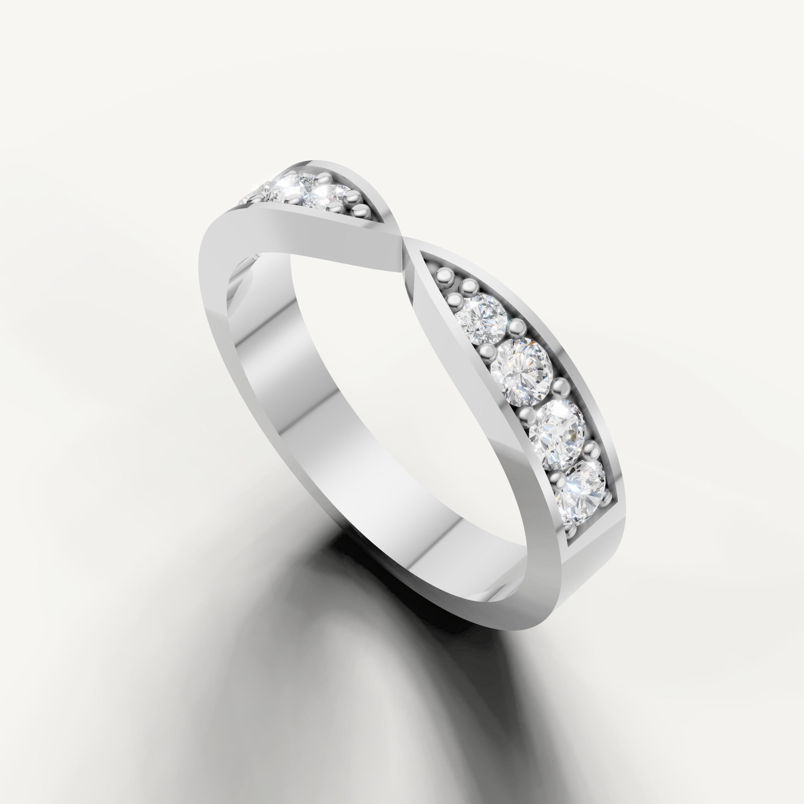 White gold luxury wedding band featuring sparkling round diamonds and modern twist design
