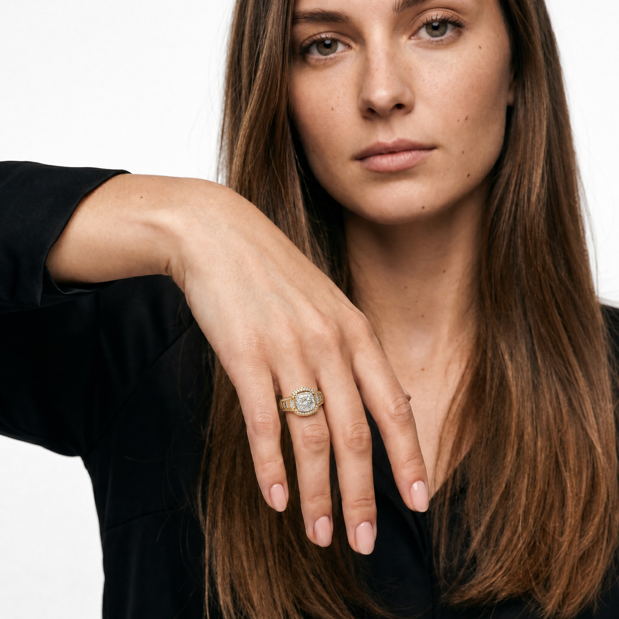 Elegant Model Wearing Asscher Cut Lab Grown Diamond Halo Engagement Ring in 14K Yellow Gold – Raul Diamonds