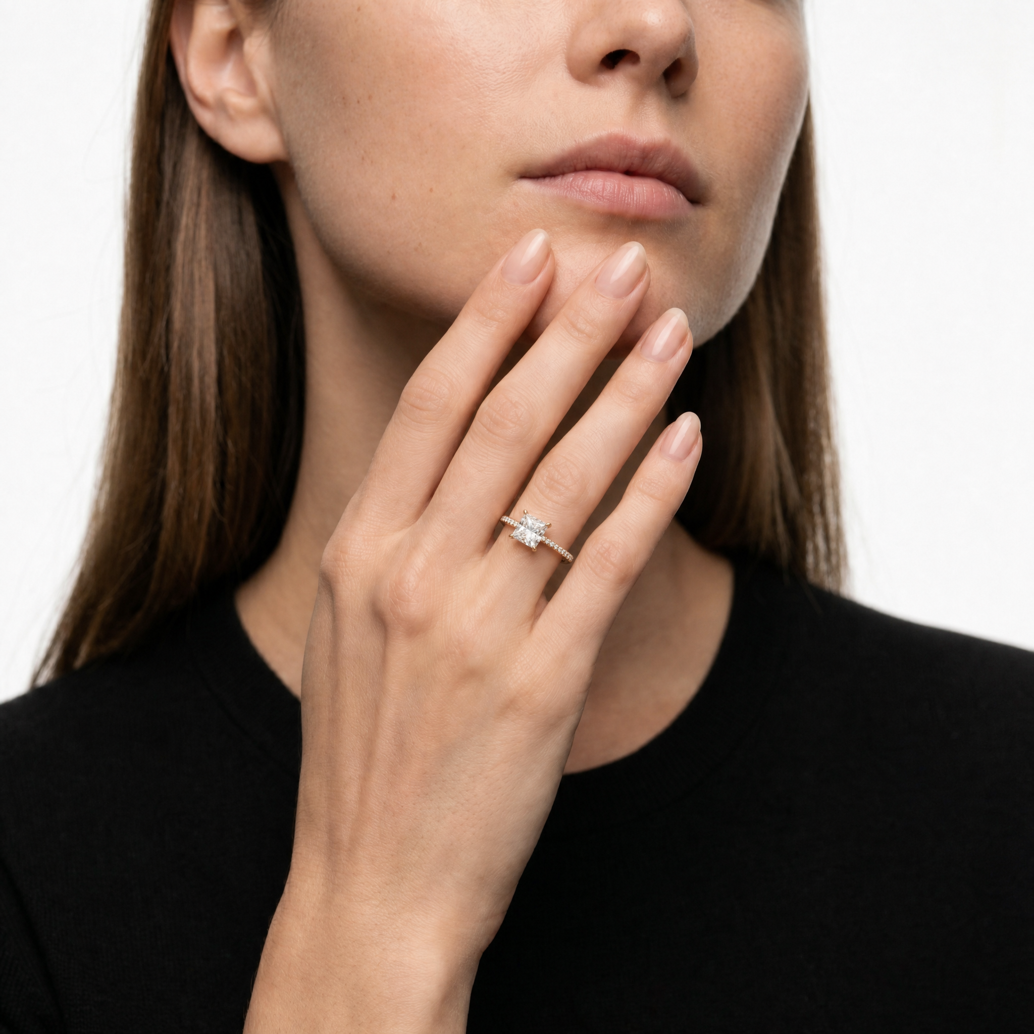 Elegant Model Wearing Princess Cut Lab Grown Diamond Engagement Ring in 14K Yellow Gold – Raul Diamonds